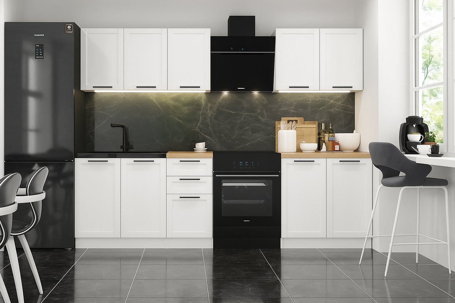Cuisine complète Quadro blanc 6 éléments avec façades à cadre - 200 cm - 2
