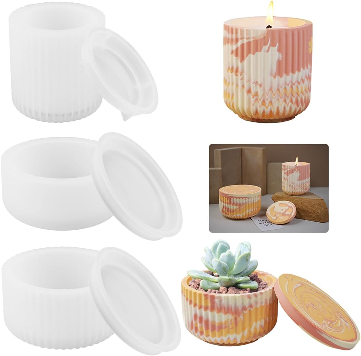Set de 3 forme din silicon, cilindrice mari, vază striată pentru ghivece de flori, lumânări parfumate, bricolaj, decor pentru interior 3buc