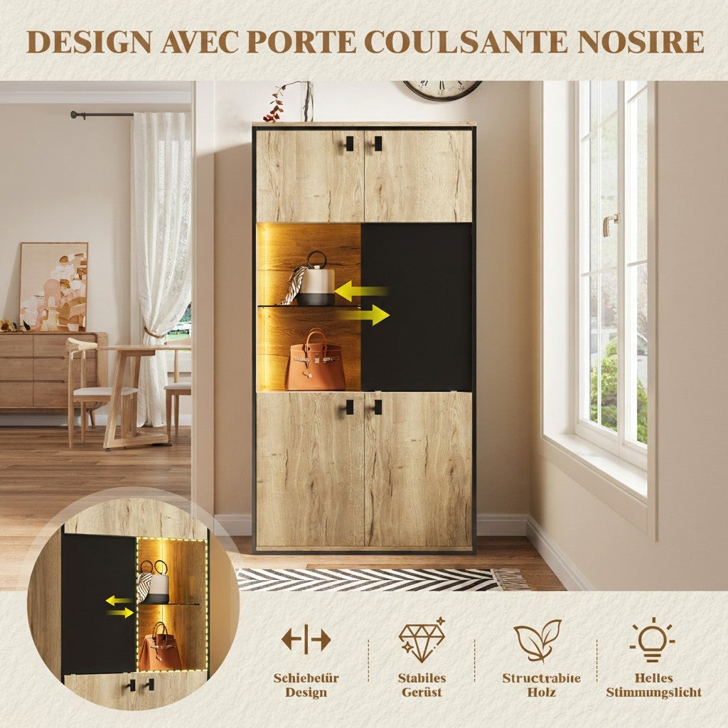 Armoire de Rangement 150cm Effet Bois & Noir - Buffet Haut avec Porte Coulissante & Placard - Style Industriel Bureau Salon - 5