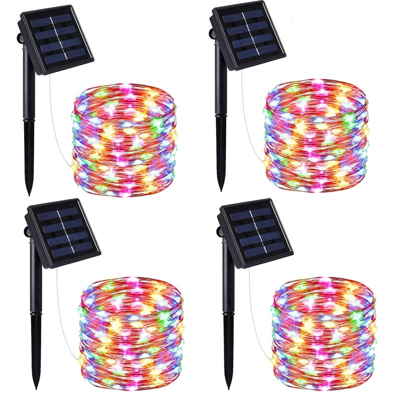 Zestaw 4 lampek solarnych na Boże Narodzenie i Halloween, 20 m 200 LED, 8 trybów, miedź, do ogrodu, patio (wielokolorowe)