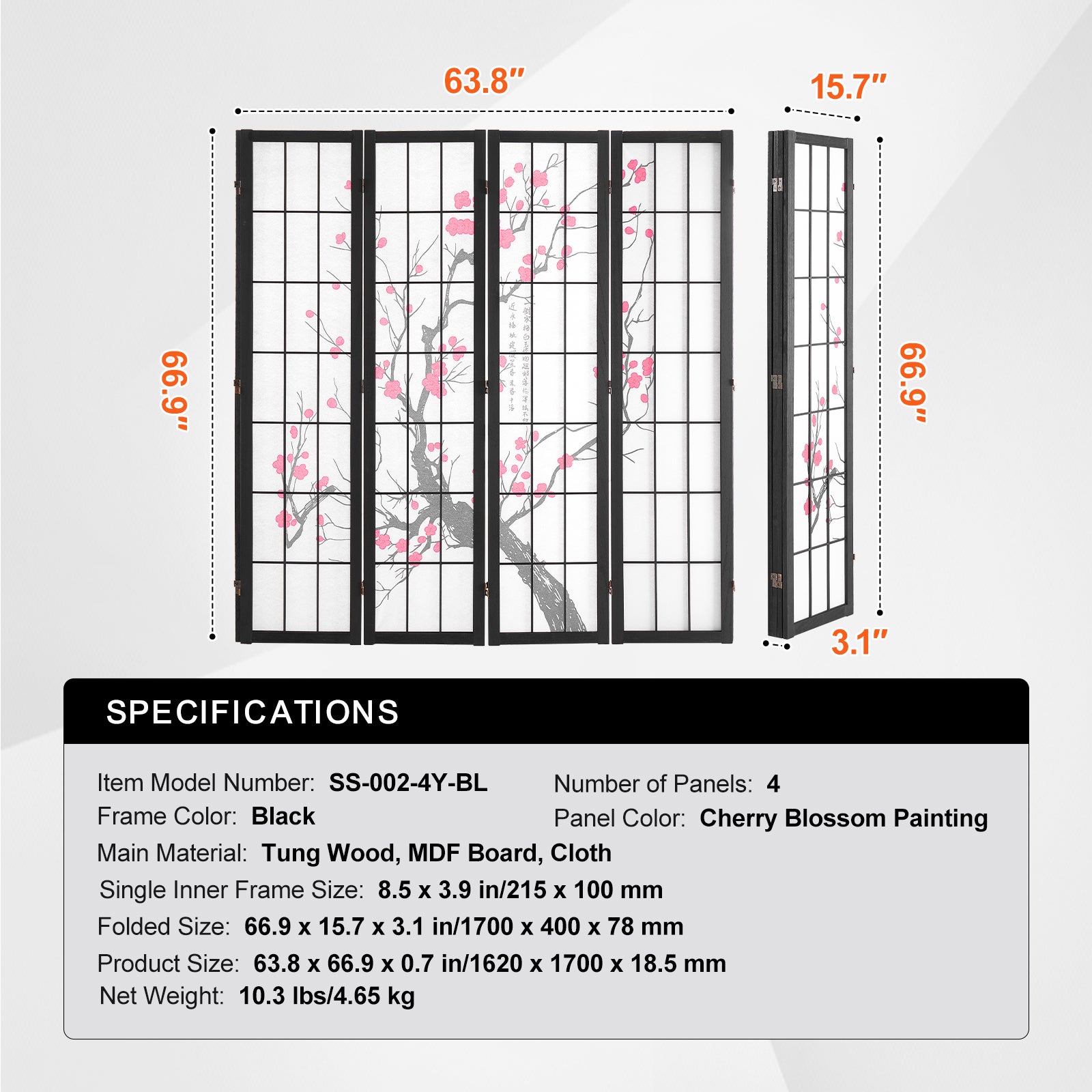 Cloison de séparation,SucceBuy paravent japonais à 4 panneaux,paravent de confidentialité pliable pour intérieur,cloison japonaise portable - 9
