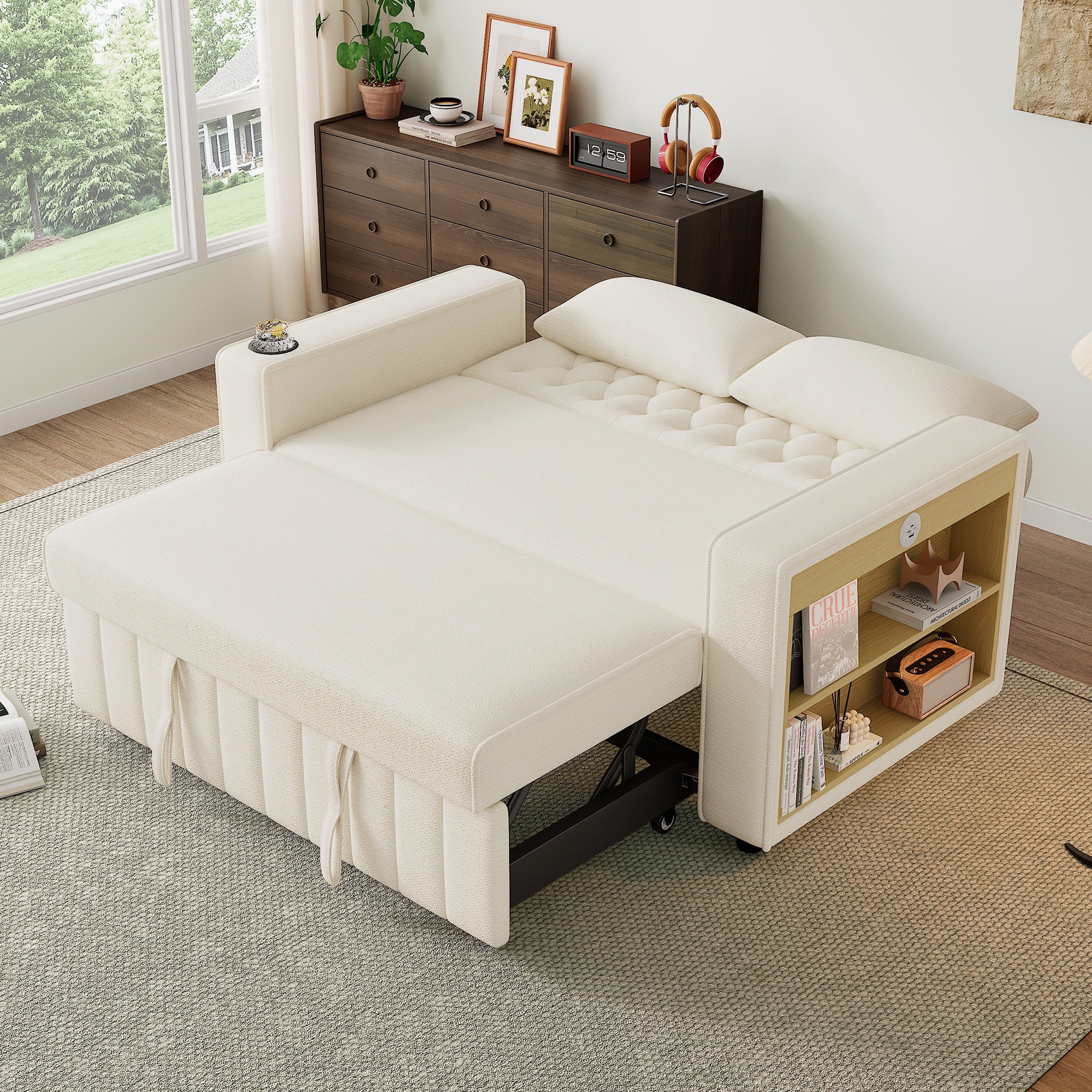 Canapé pliant moderne pour 2 personnes - avec porte-gobelets - avec ports de charge USB - avec coussins - tissu chenille - beige - 2