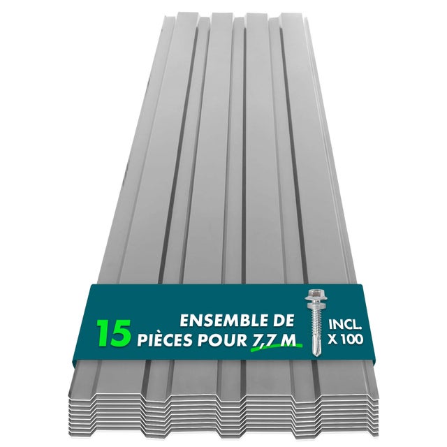 Lot de 15 tôles Couverture métallique Tôle avec vis Épaisseur : 0.25 mm, 115 x 45 cm, Gris clair