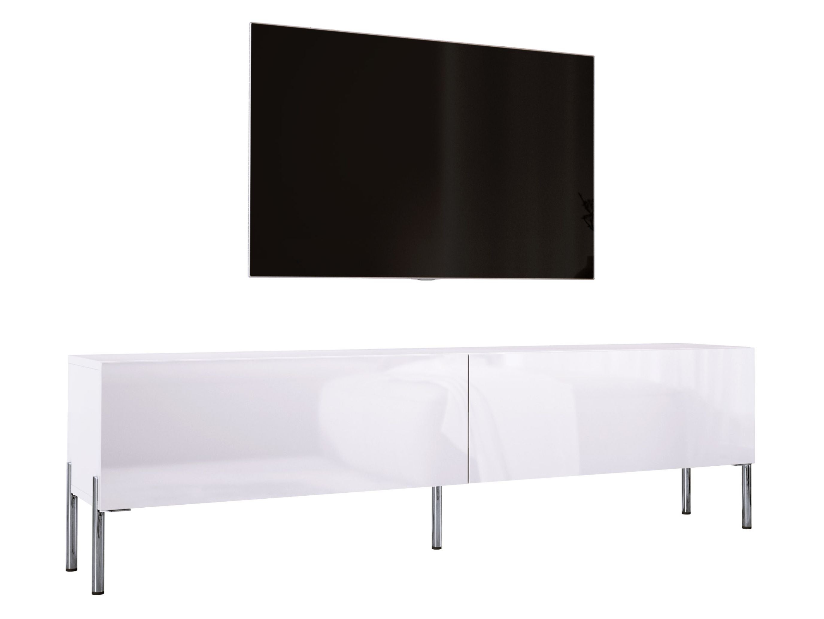 Szafka RTV : Biały Matowy / Biały Połysk, nogi chrom, 170 x 32 x 52 cm