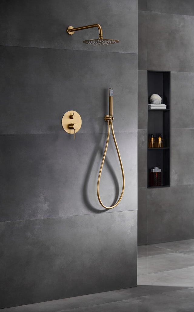 IMEX - Colonne de Douche Encastrée Salle de Bain Or Brossé | Colonne Douche Encastrable Laiton Dorée | Pommeau Douche Anti Calcaire | Série Monza