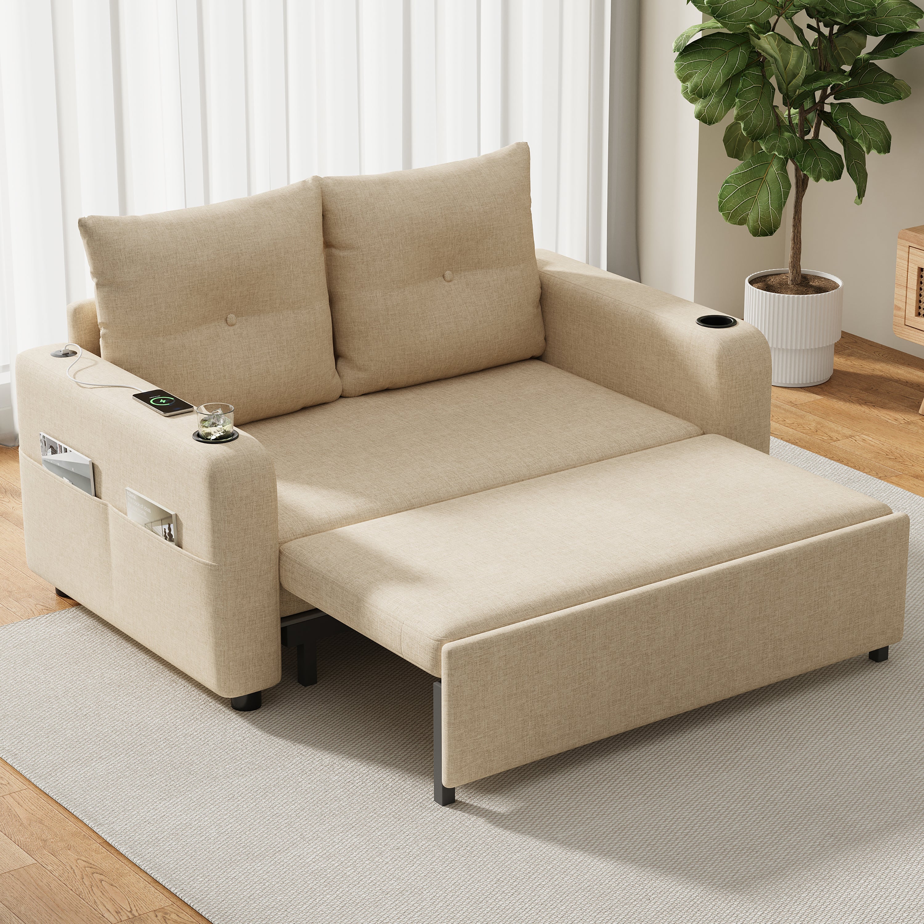 Sofa 2-osobowa z funkcją spania, uchwytem na kubek, portem USB i kieszeniami bocznymi - 131 x 81 x 94 cm - Tapicerka bawełniano-lniana - Beżowa - 4