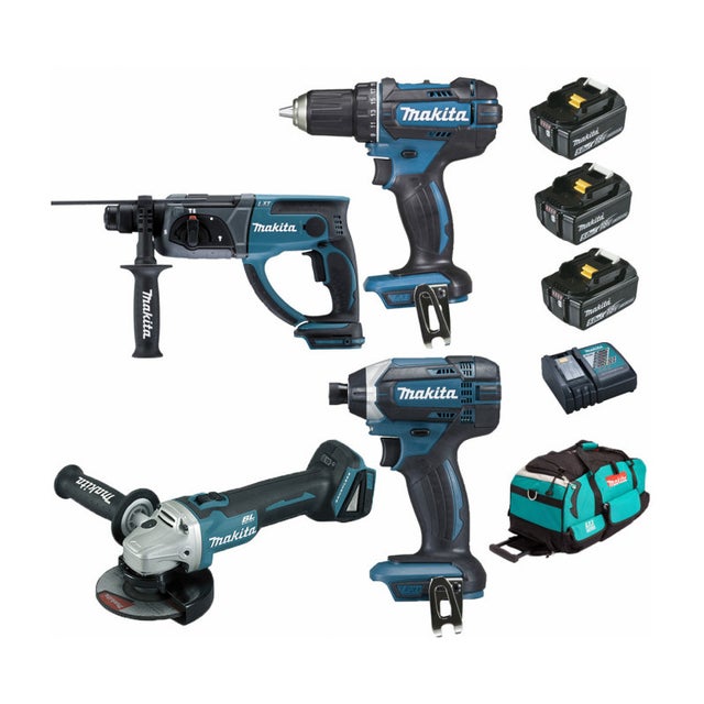 Pack Makita Premium 18V 5Ah: Perceuse DDF482 + Meuleuse DGA504 + Perfo 2J DHR202 + Visseuse 165Nm DTD152 + 3 batt + sac