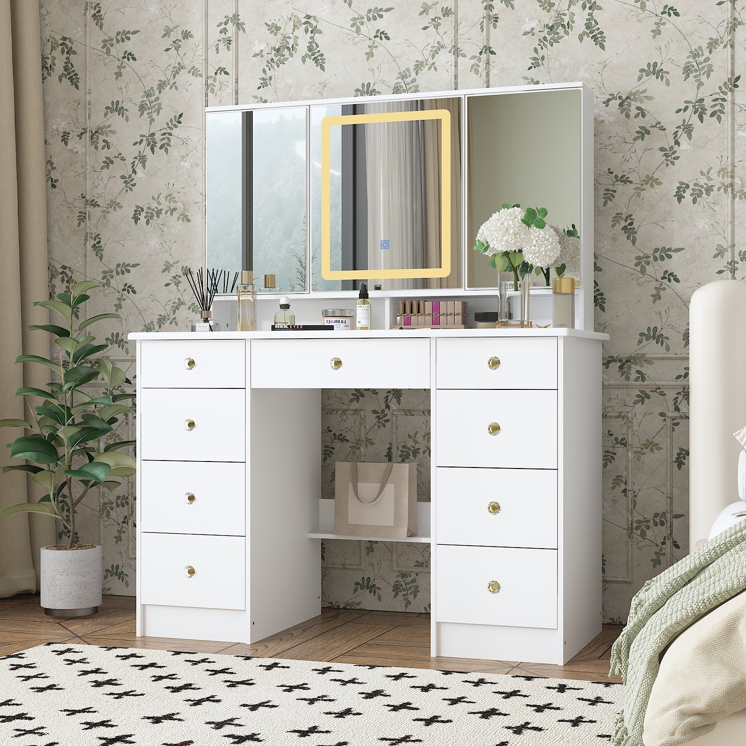 Coiffeuse avec miroir en MDF Blanc H. 137.0 x l. 110.0 x P. 50.0 cm - 8