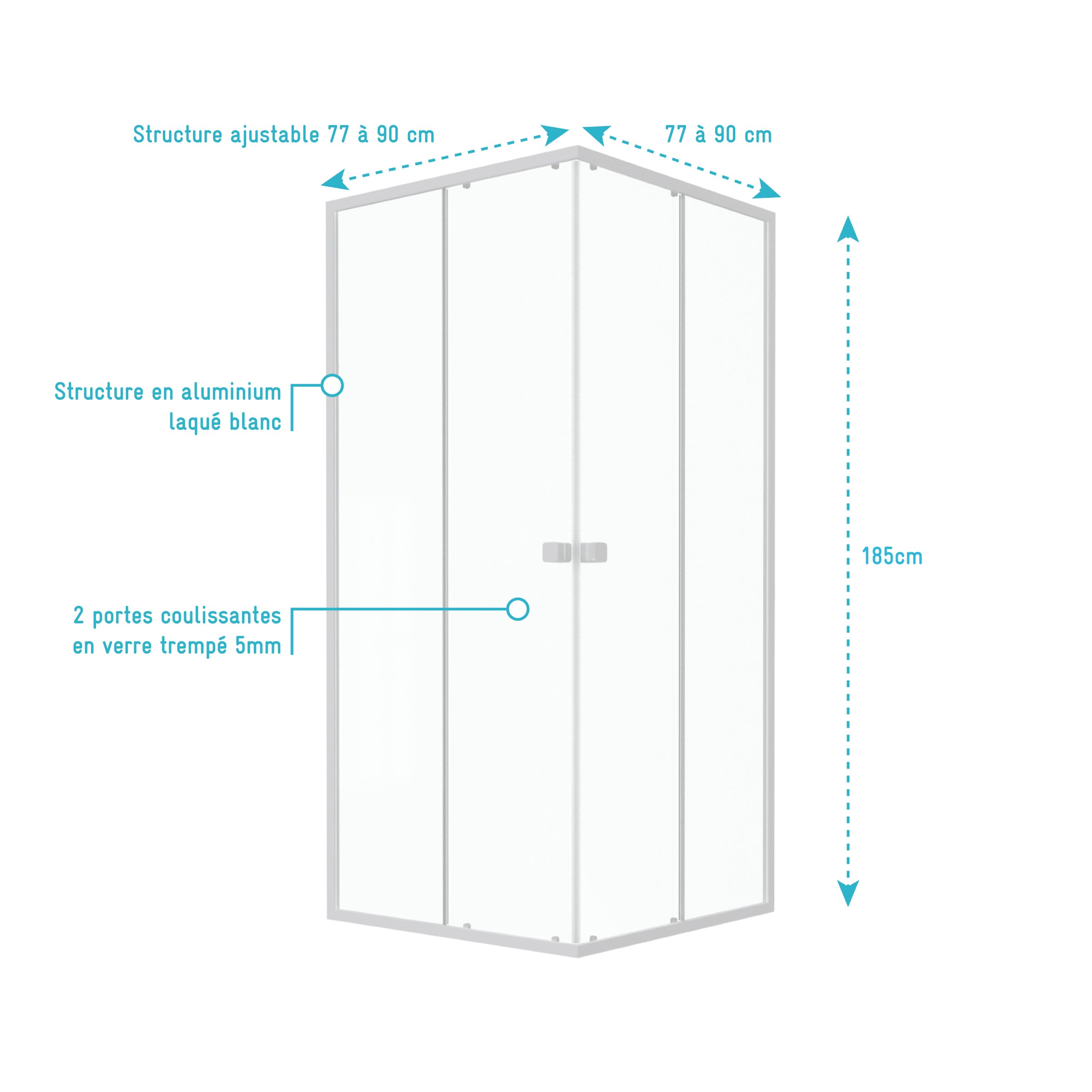 Porta Doccia Quadrata Bianca Estensibile da 77 a 90 cm - Vetro Trasparente - WHITY - 4