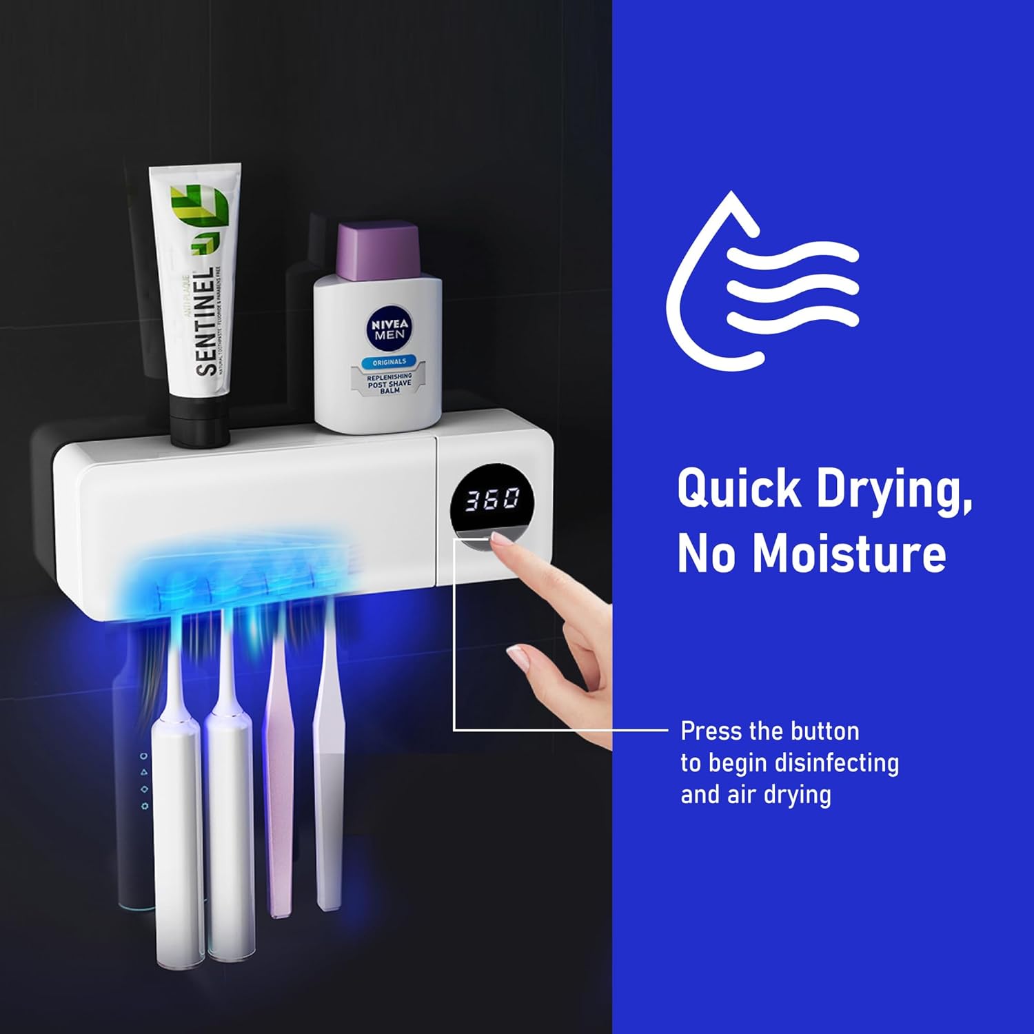 Stérilisateur de brosse à dents UV - Brosse à dents rechargeable intelligente avec fonction de séchage à la lumière et à l'air - 5