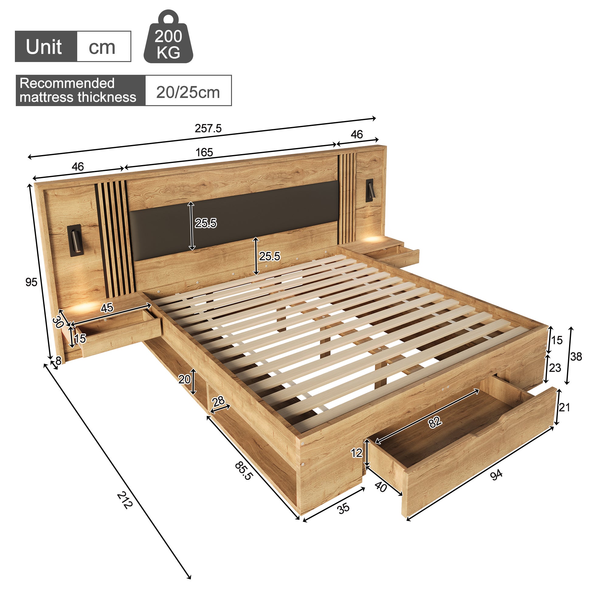Lit 160x200 cm avec 2 avec table de nuit et 2 lampes de lecture, lit double en bois avec tiroirs, cadre de lit avec sommier, naturel (sans matelas) - 3