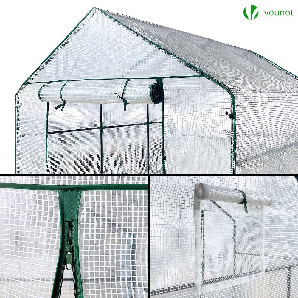 Serre de jardin avec étagères 143x215x195cm blanc - bâche renforcée 135g/m², fenêtre moustiquaire, porte enroulable zippée - VOUNOT® - 5