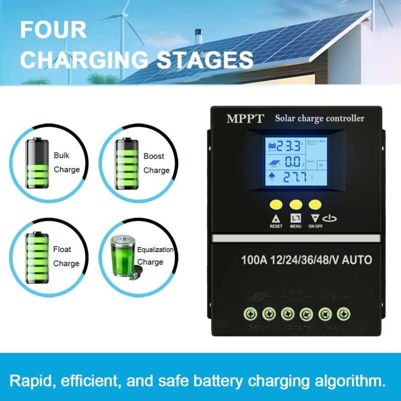 Régulateur de charge solaire MPPT 100A 12V 24V 36V 48V – Écran LCD – Double port USB – Efficacité jusqu'à 99,5% - 3