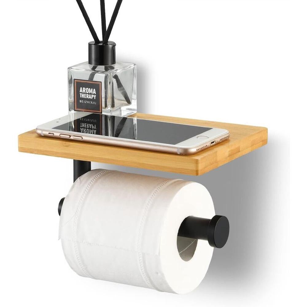 Porte Rouleau Papier Toilette Mural Avec étagère - Adhésif Ou Perçage - Acier Inoxydable Noir Mat