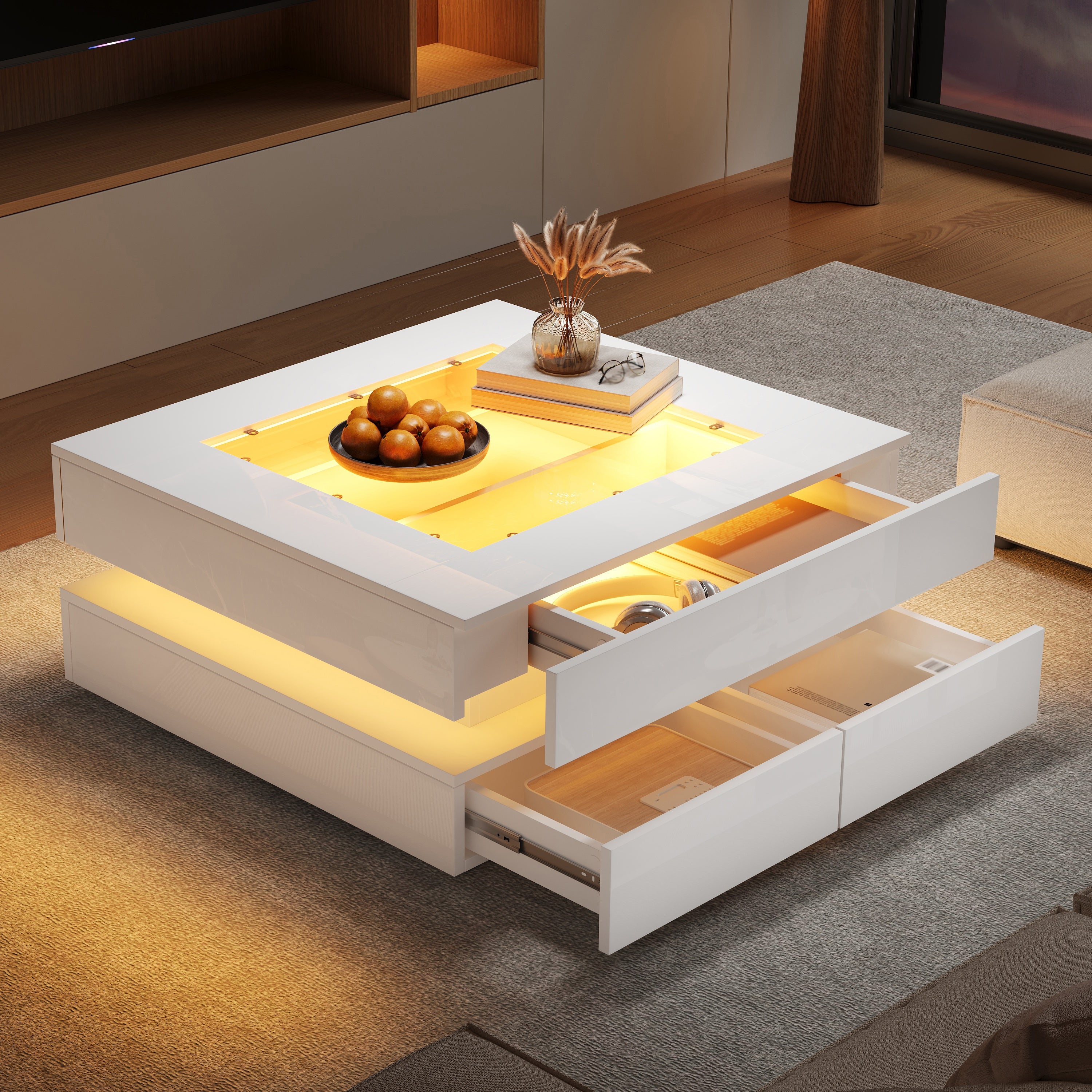 Stolik kawowy 70x70x35 cm - Z oświetleniem LED - 3 szuflady - Szklany blat - Lakier na wysoki połysk - Biały - 4