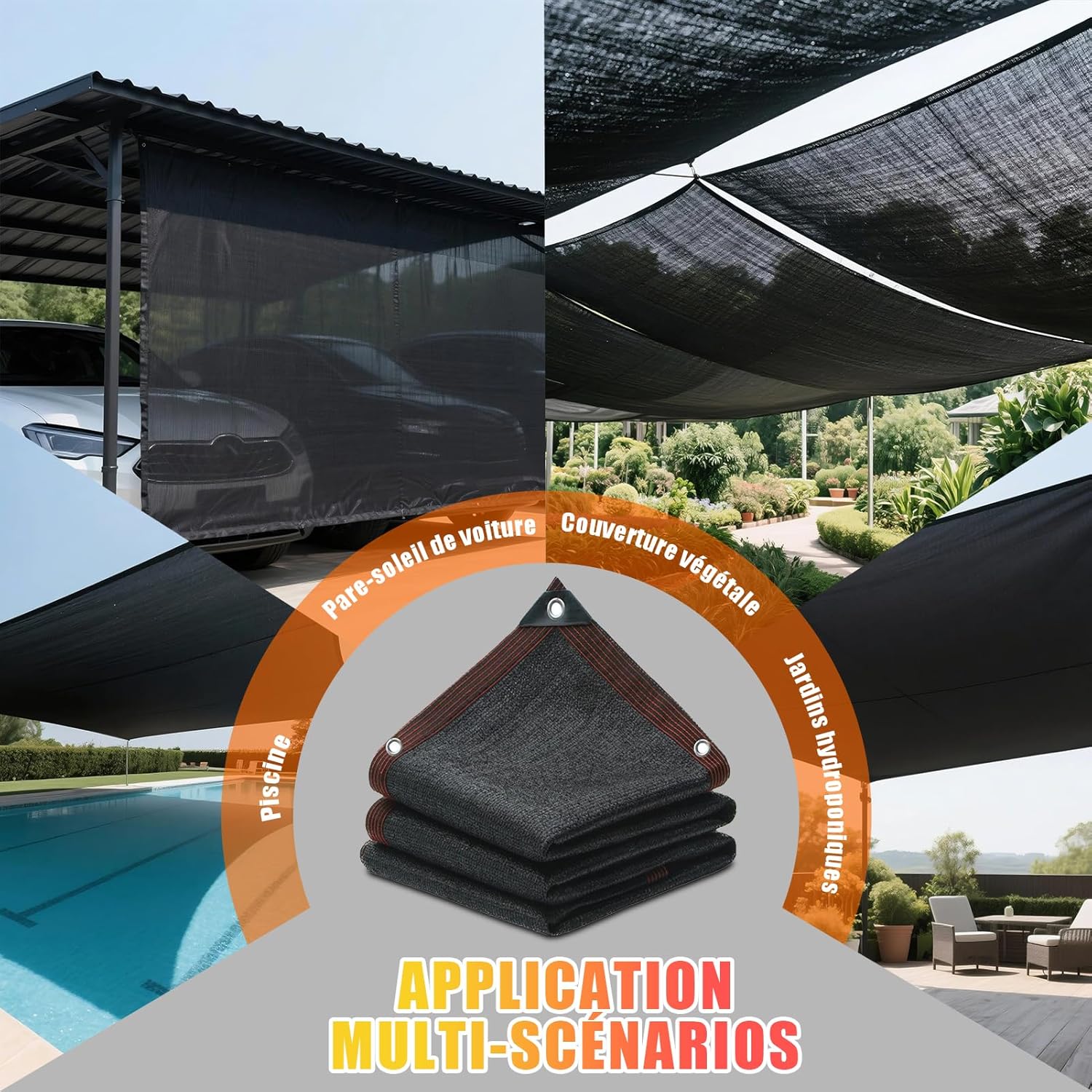 (Noir, 2mx5m) Toile d'ombrage de protection solaire, filet pare-soleil, protection solaire à 90%, convient pour terrasses, jardins, terrasses, serre - 5