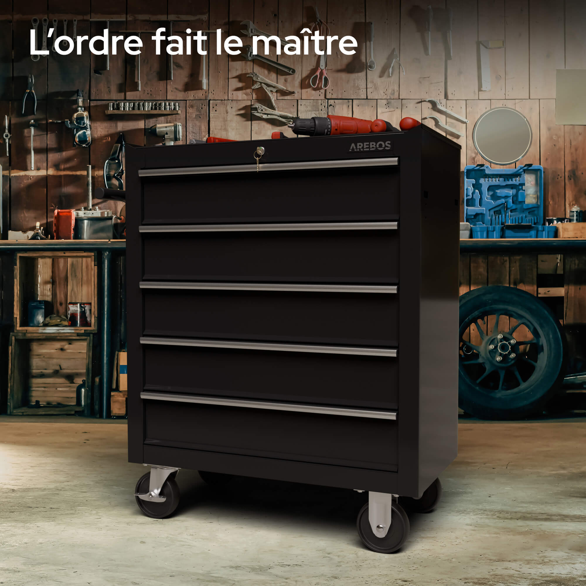 AREBOS Chariot d’atelier avec 5 tiroirs – robuste, sécurisé, mobile et idéal pour organiser tous vos outils efficacement - 5