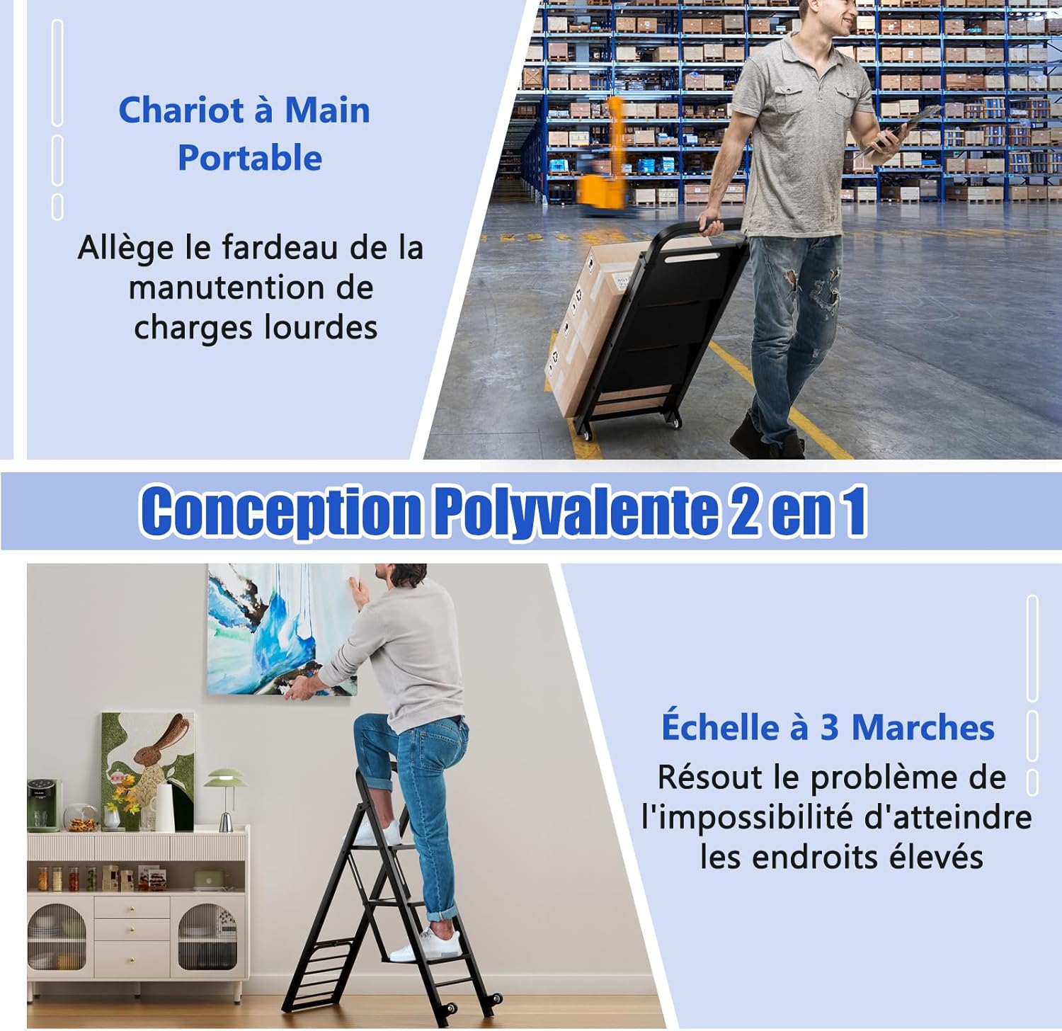 Escabeau Pliable à 3 Marches, Chariot Echelle 2 en 1 avec 2 Roues en Caoutchouc, Chariot Utilitaire en Fer, Charge 250Kg, Noir - 3