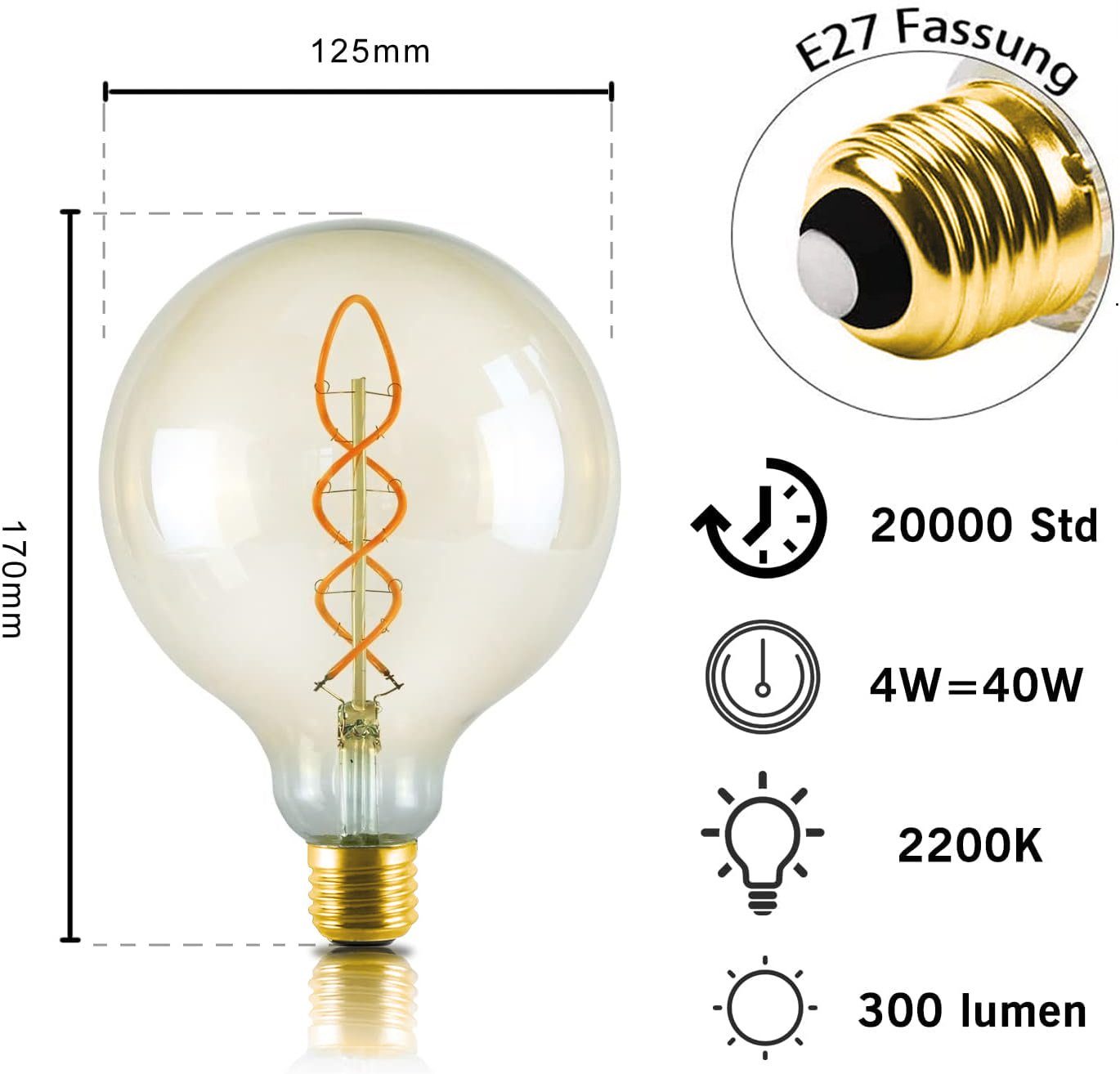 NETTLIFE Vintage żarówka LED E27: retro żarówka Edison G125 duża dekoracyjna lampa kula 4W ciepły biały żarnik nostalgiczna oszczędność oświetlenia - 3
