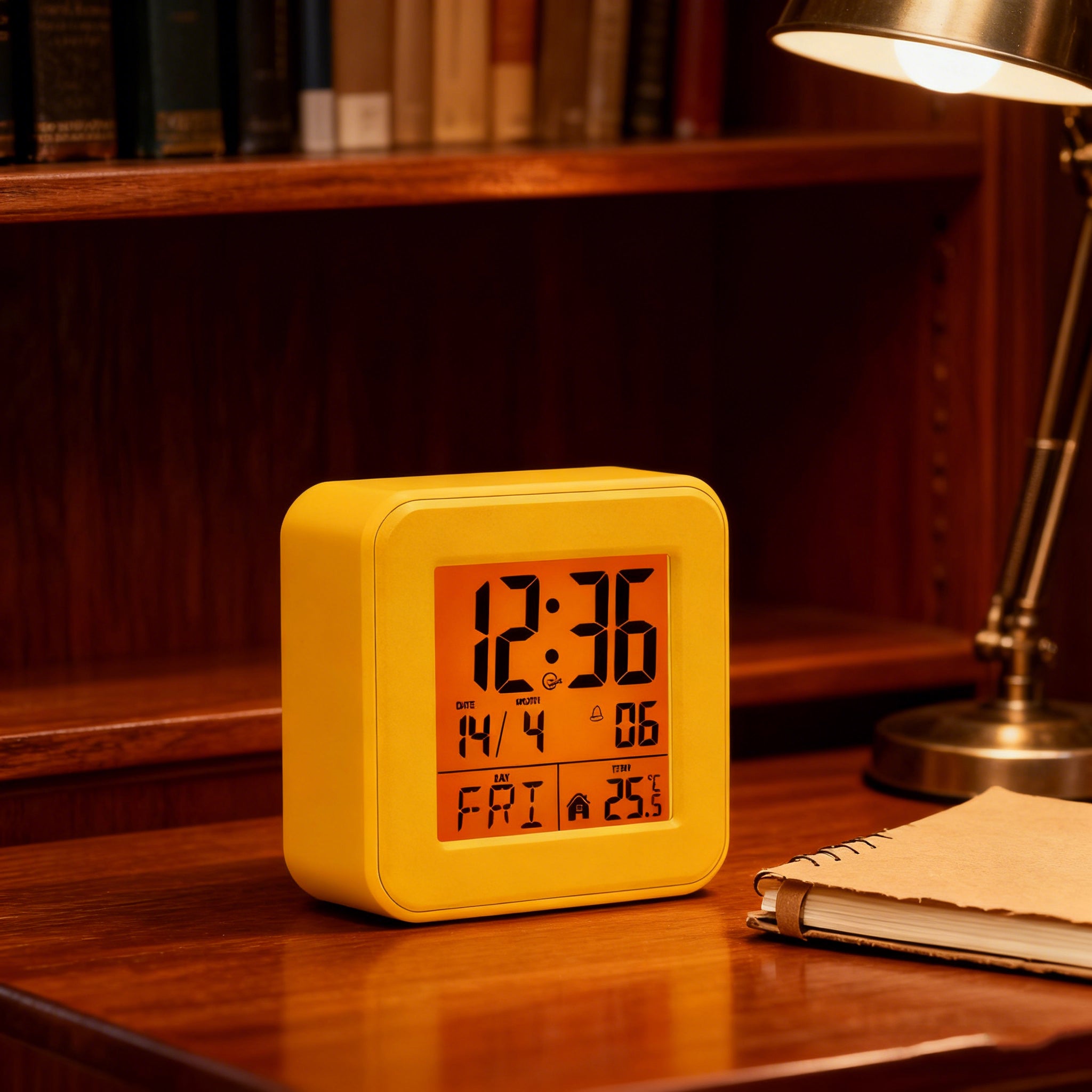 Set 2 orologi digitali radiocontrollati gialli con grande schermo LED, temperatura, data e snooze ideali per casa, ufficio e camere - 7