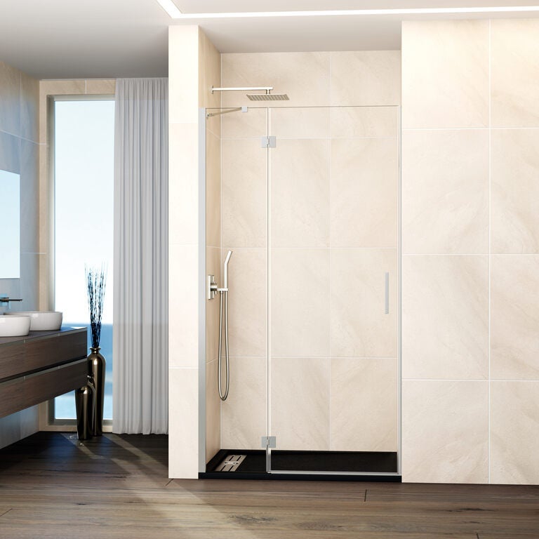 Paravan frontal GLASS panou fix + ușă batantă închidere magnetică 95 cm (92-95; 30+65) nichel