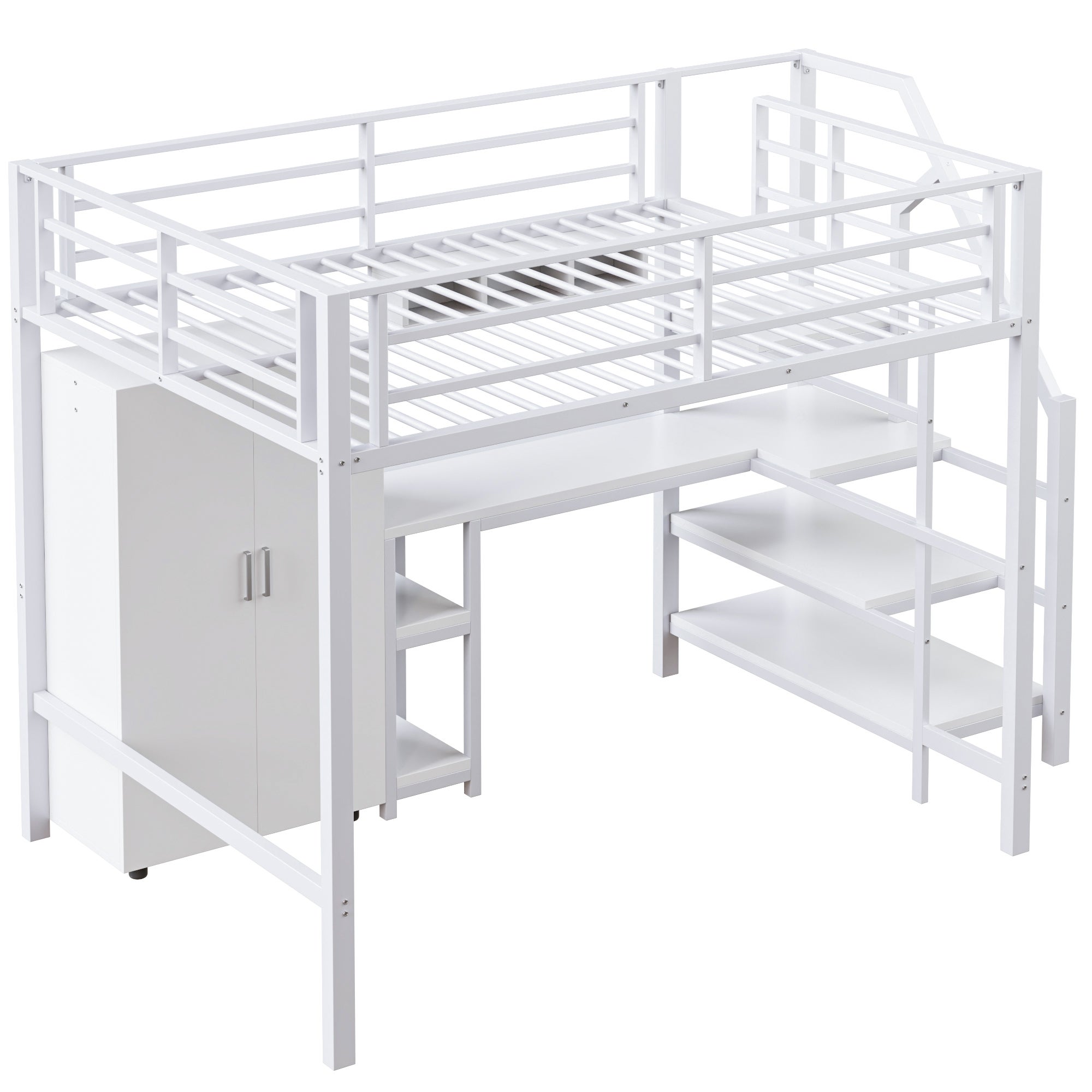 Letto a castello, 140 x 200 cm, armadio, ripiani, scala portaoggetti, scrivania, senza materasso, bianco - 8