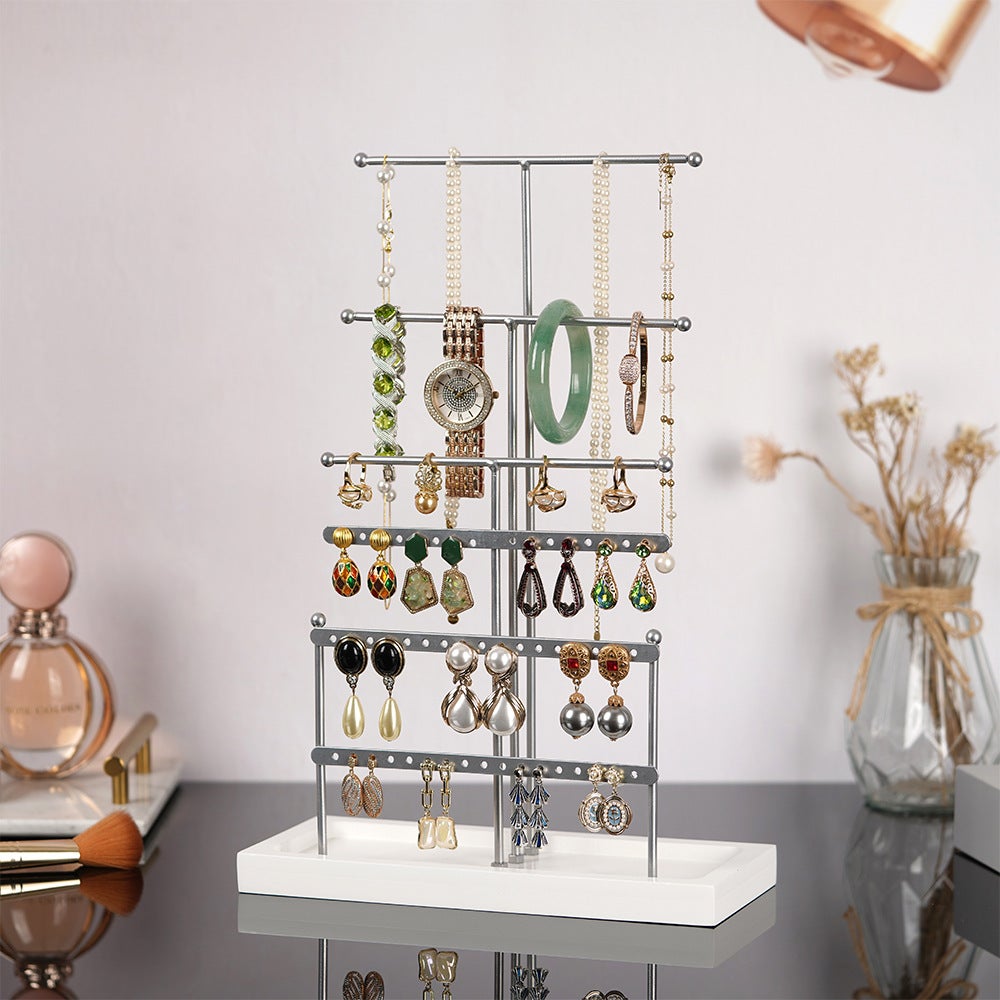 Organisateur bijoux 6 niveaux métal argenté avec plateau bois - Pour ...