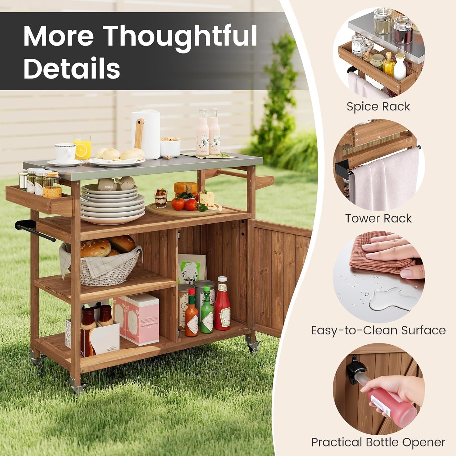 Desserte Jardin Plancha Barbecue, Desserte Jardinage en Bois avec Plan Travail en Acier Inoxydable, 3 Étagères Ouvertes (47x118x92CM,Naturel) - 4