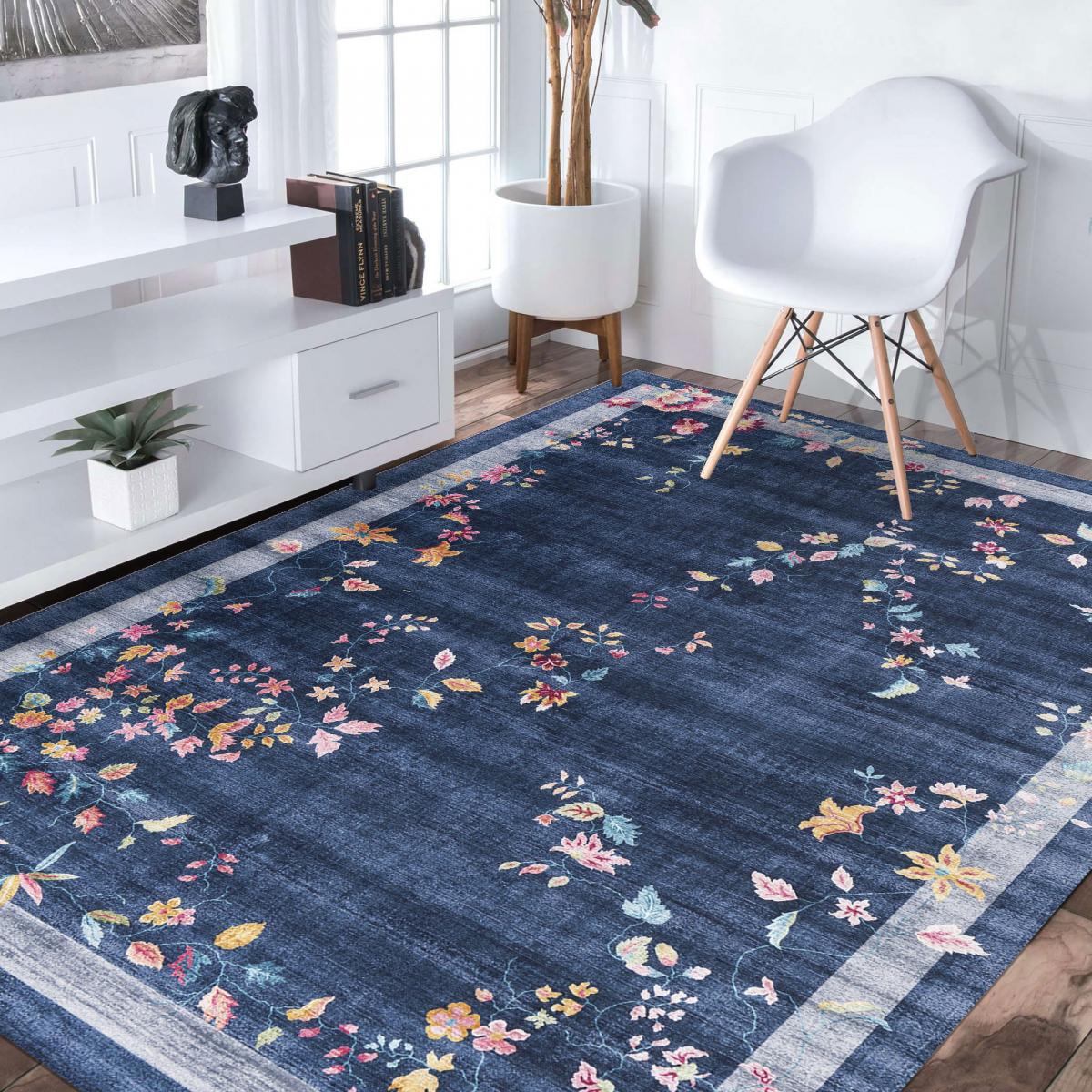 Grand Tapis Salon 200x290 – Fond Crème Et Motifs Floraux – 100% Laine – Neuf