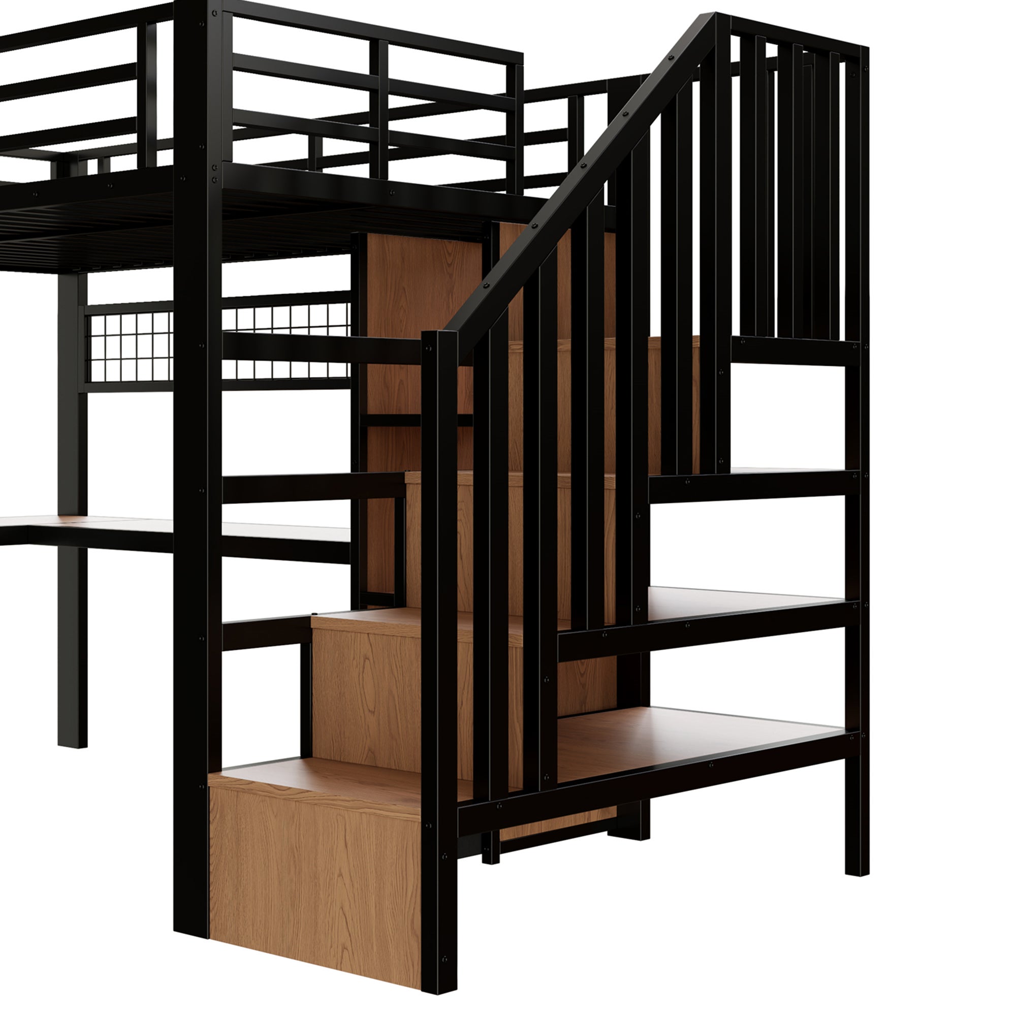 Lit mezzanine 90 x 200 cm avec bureau intégré, Lit simple structure en fer avec penderie LED, 4 tiroirs et escalier de rangement, sans matelas, Noir - 9