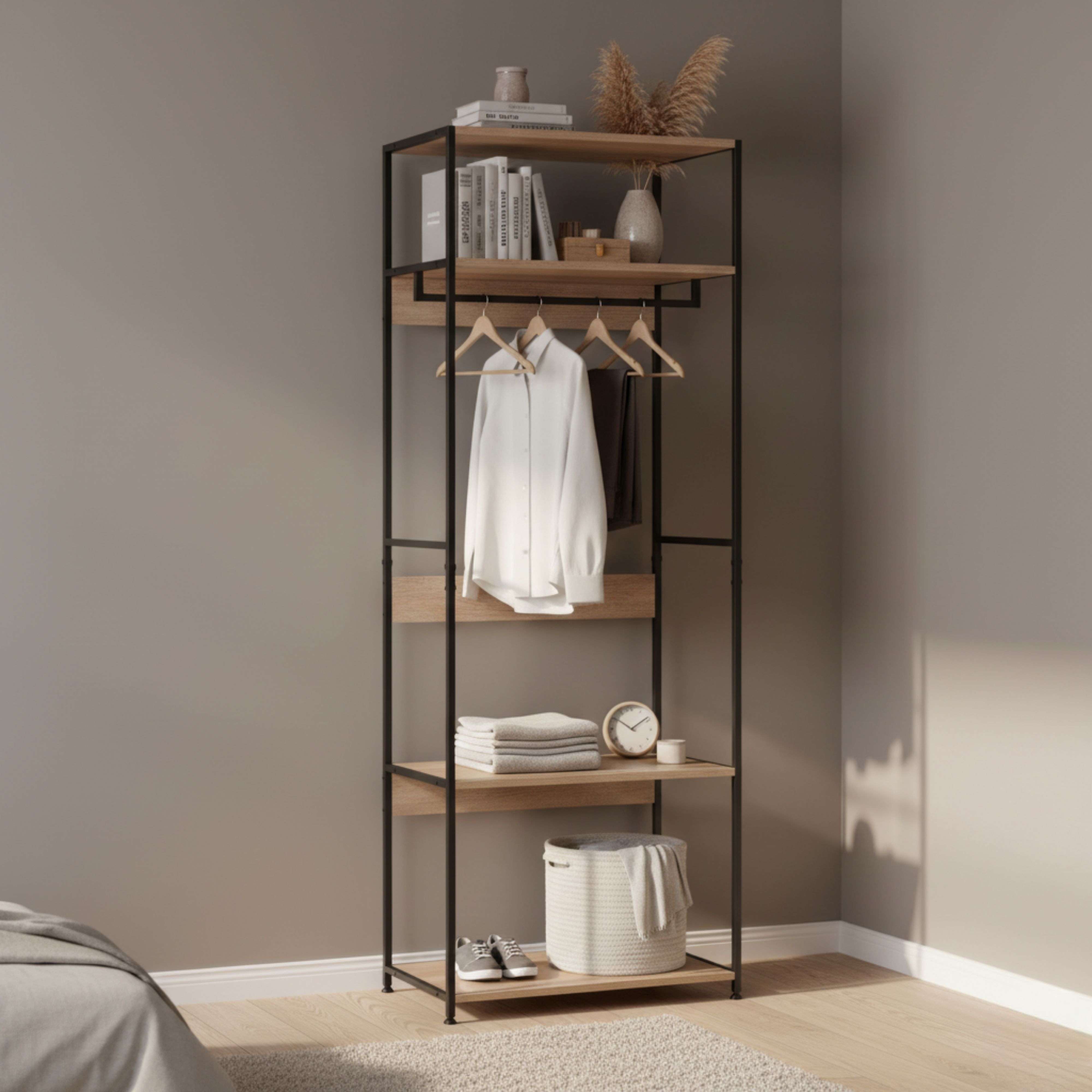 Dressing ouvert Lofi avec 3 étagères et tringle à vêtements en chêne Cambrian et noir 60 x 175 x 40 cm - 6