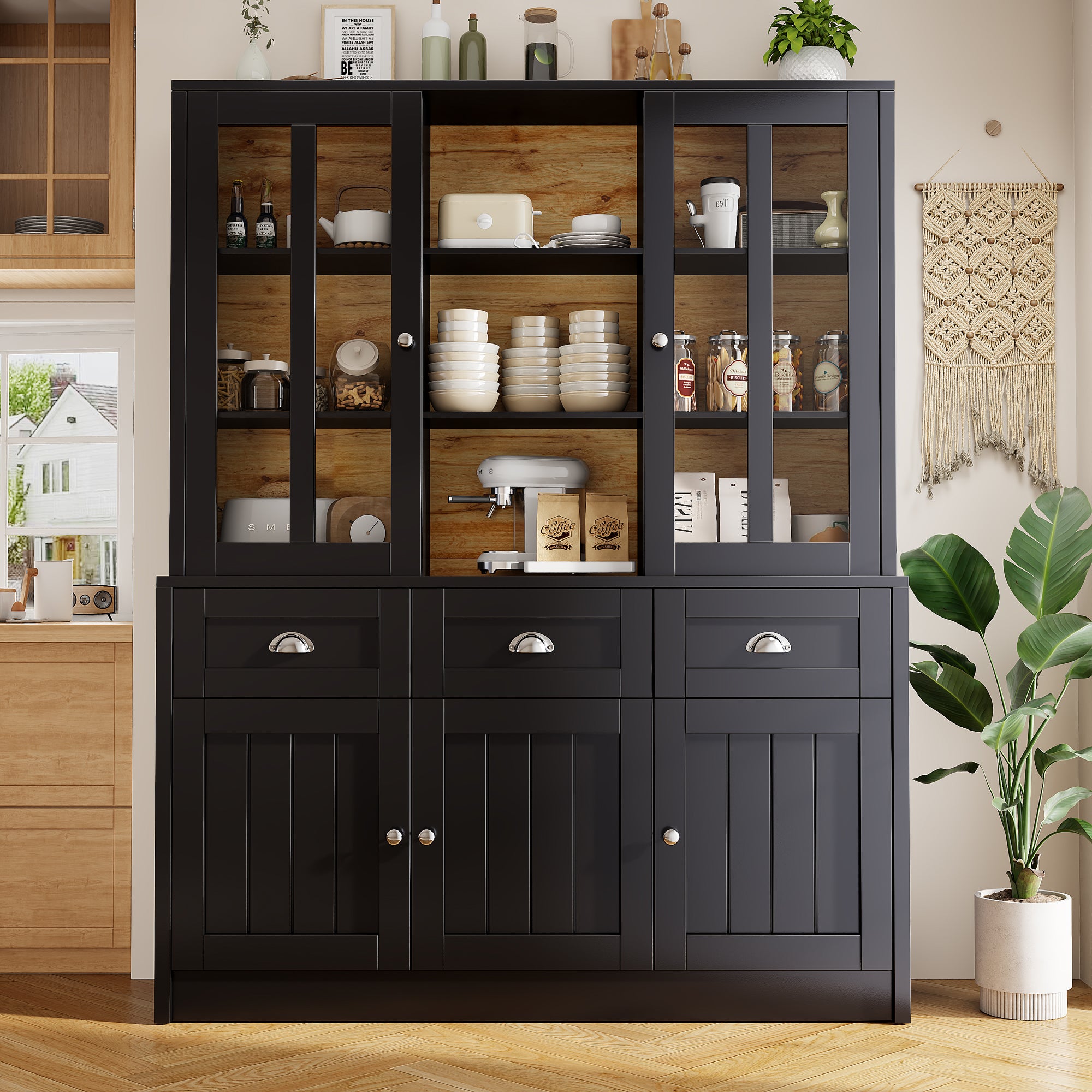 Kredens kuchenny z 5 drzwiami, 3 szufladami i półkami, witryna - 140 x 38,5 x 175 cm - MDF - Czarny + naturalny - 2