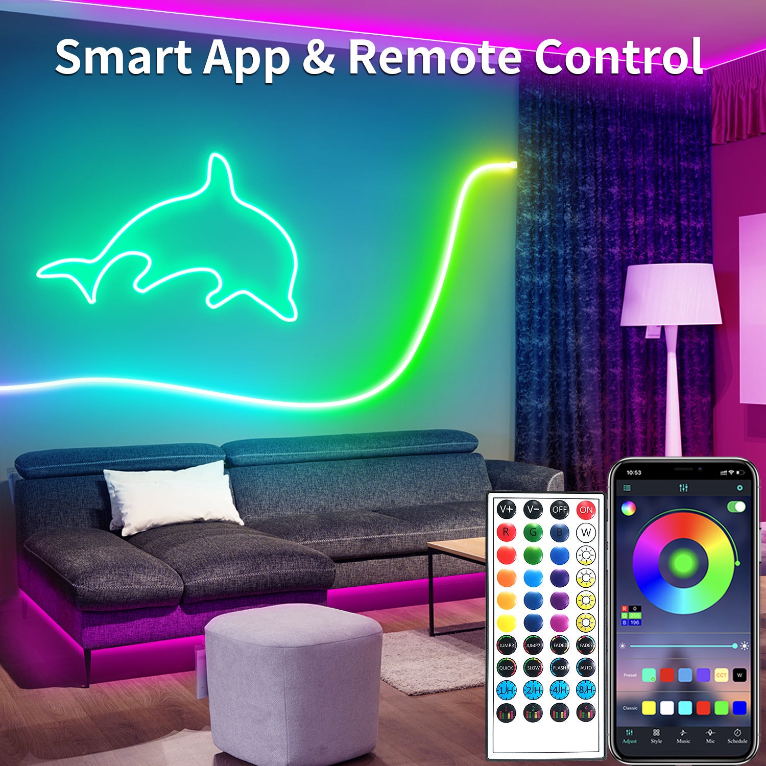 Striscia luminosa LED neon RGB, 5 m - 300 LED, controllo tramite app/telecomando, impermeabilità IP65 - 3