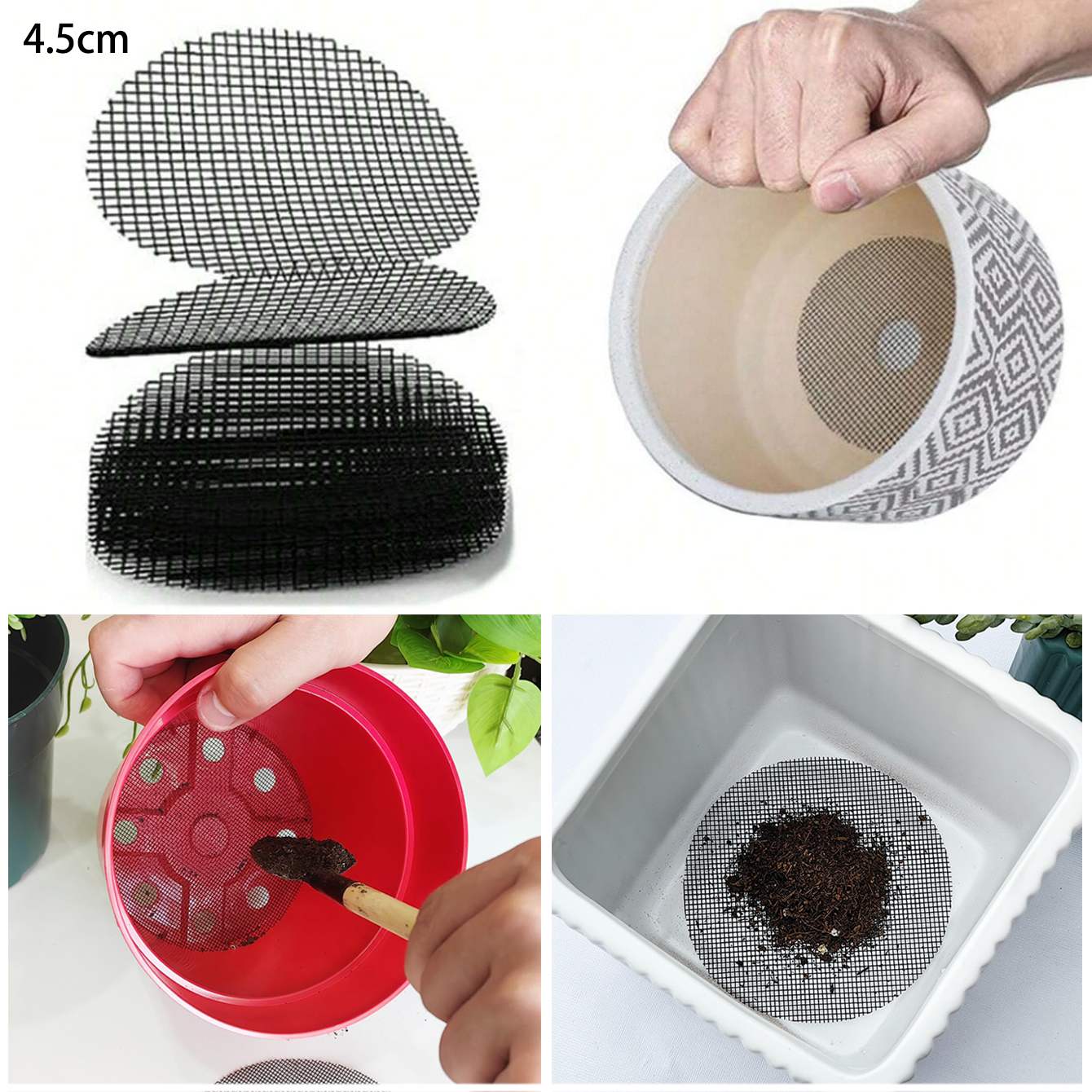 30 sztuk podkładek z siatki na otwory do doniczek, ekrany na otwory drenażowe do doniczek, 45 mm, zapobiegające utracie gleby, siatka mata