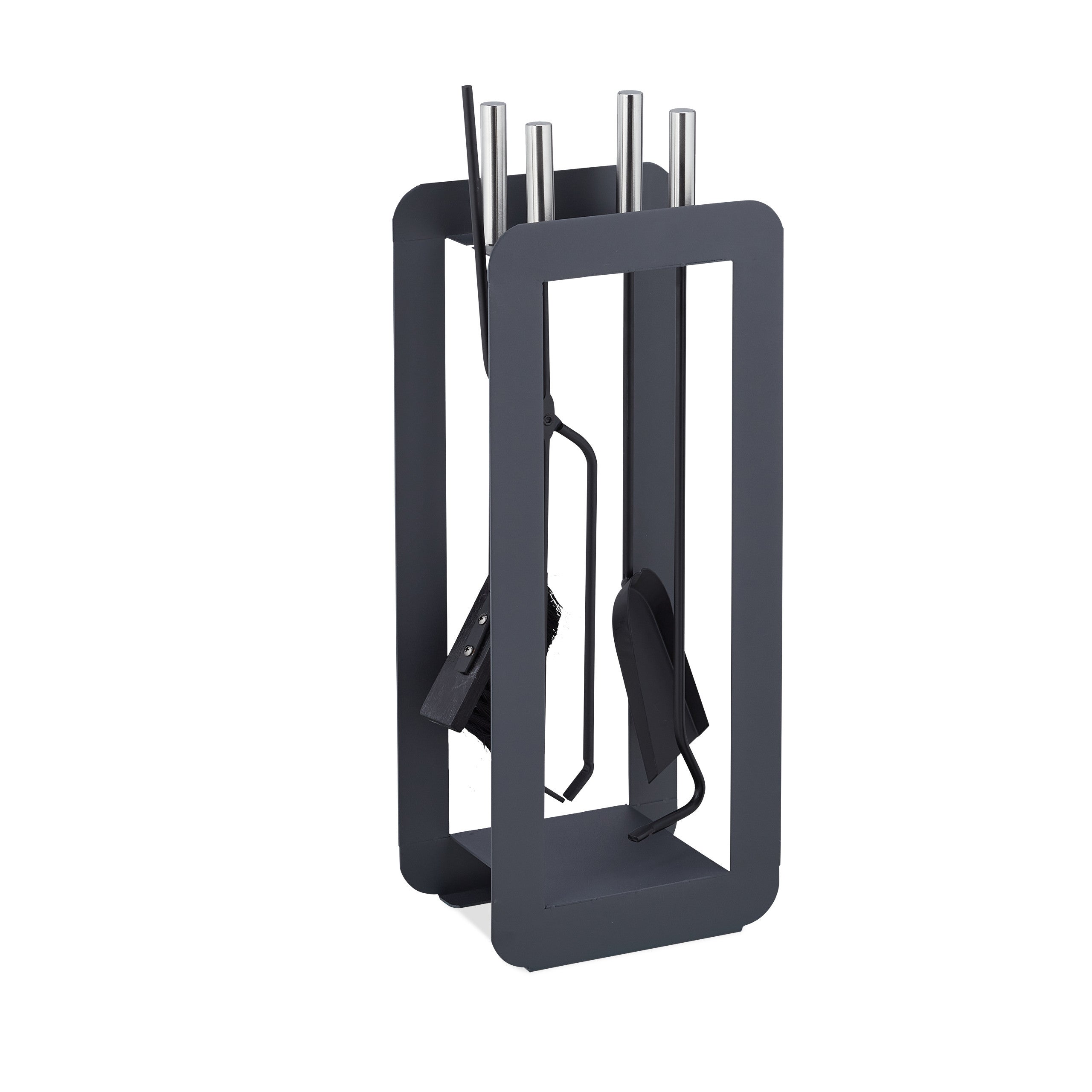 Serviteur Cheminée 5 Pièces Relaxdays – Tisonnier, Pelle, Balai, Pince + Support – Design Argenté Moderne
