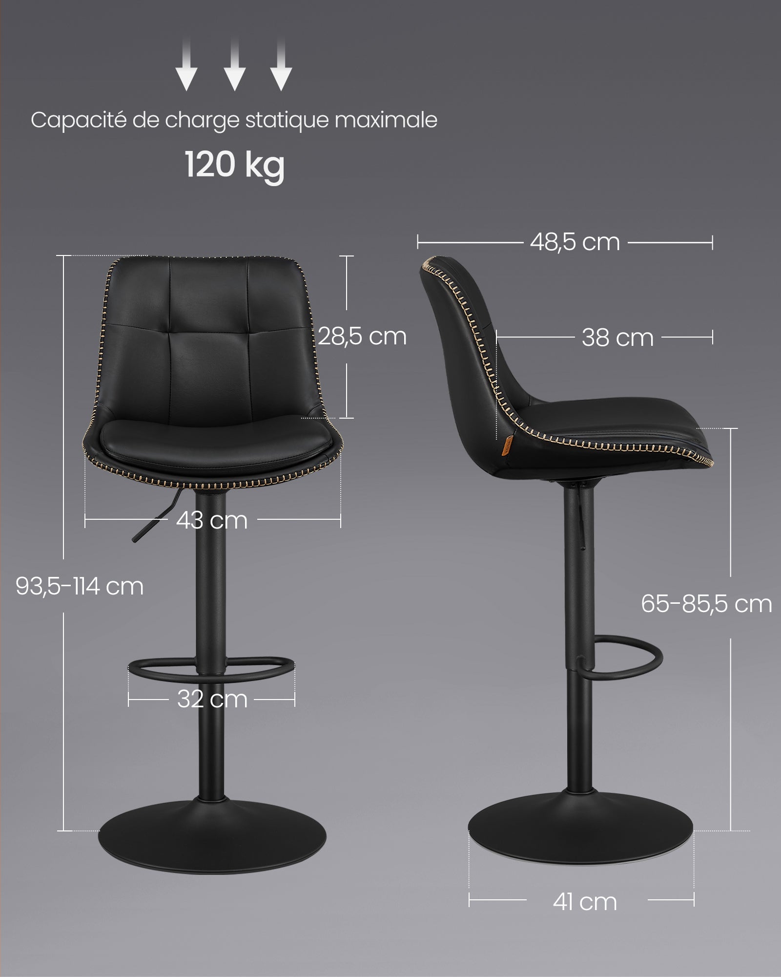 Tabourets de Bar, Lot de 4, Siège Pivotant à Hauteur Réglable, en PU, avec Dossier et Repose-Pieds, Noir d'encre - 5