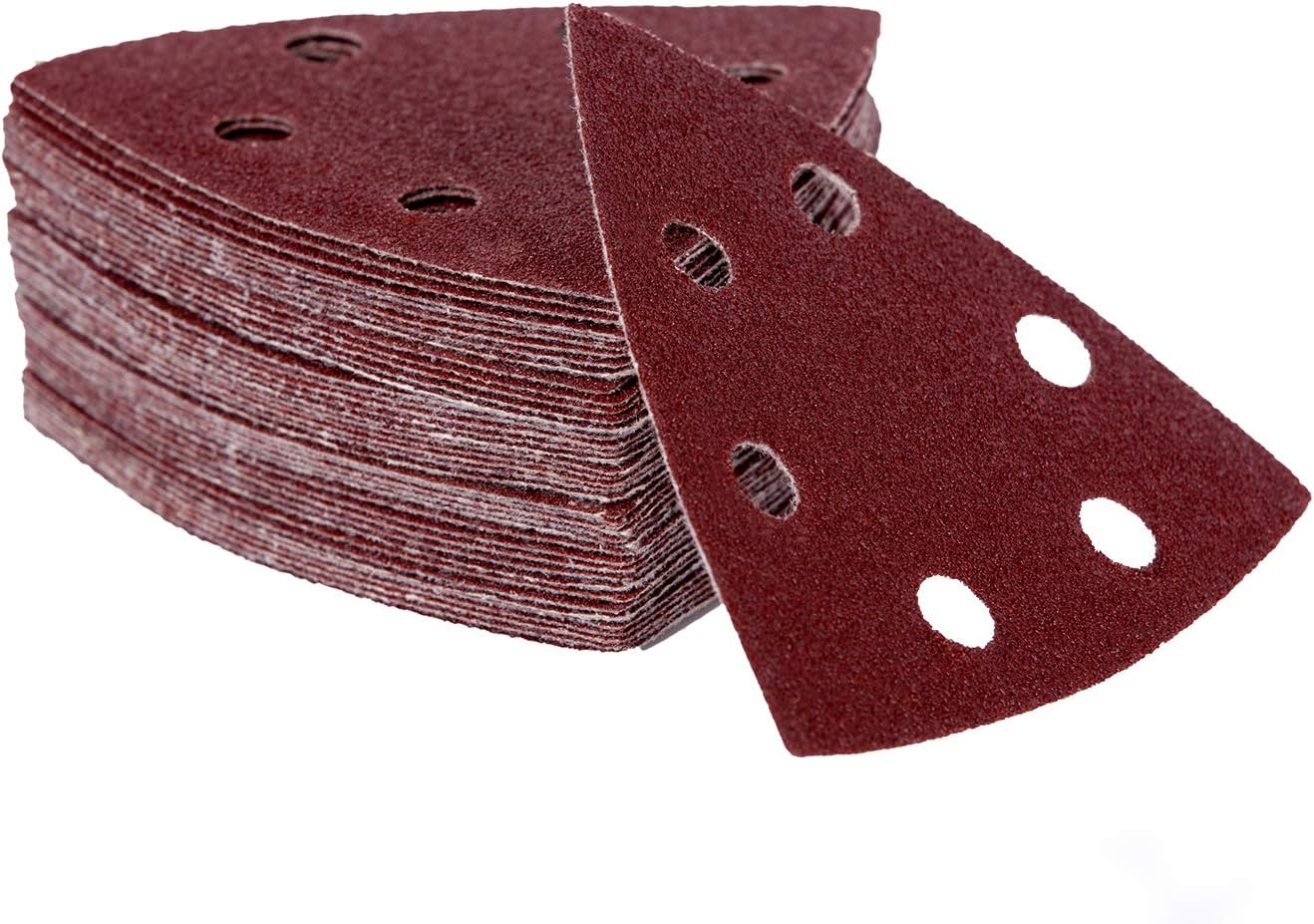 Zestaw 120 trójkątów ściernych do szlifierki delta – 90 x 90 x 90 mm – 6 otworów – Gradacja 40/60/80/120/180/240 (po 20 z każdego) - Papier ścierny