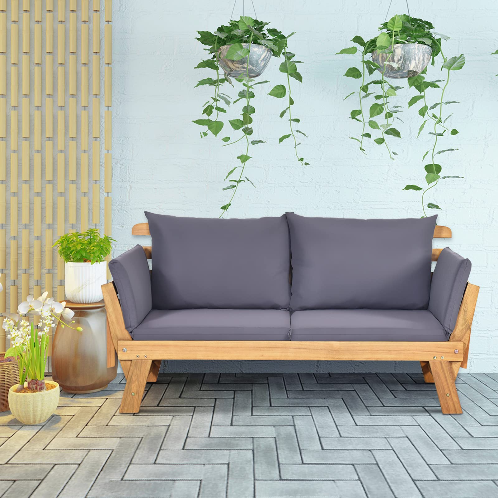 Canapé de Jardin Convertible 2 Places en Bois d’Acacia Certifié FSC avec Coussin Amovible, Accoudoir Extensible, Charge 320KG,Gris - 6