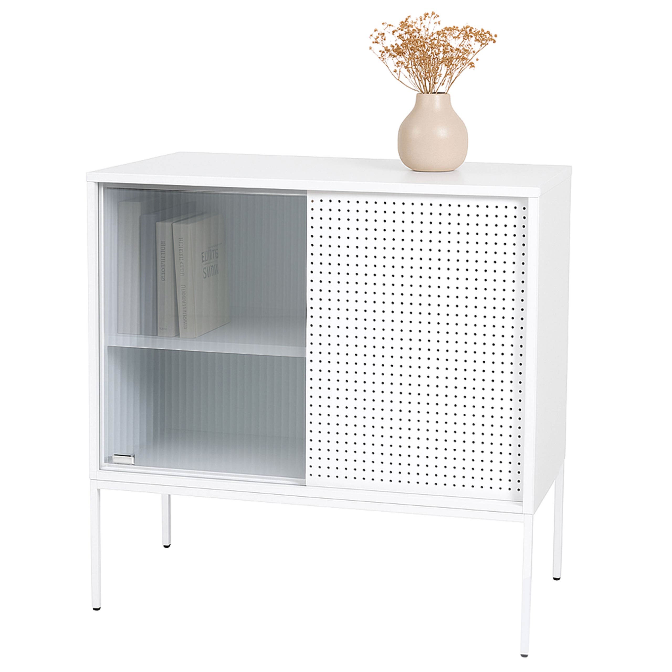 Komoda HWC-O90, szafka kredensowa, przemysłowe schowki, drzwi przesuwne, metal, 85 x 80 x 45 cm ~ biały - 2