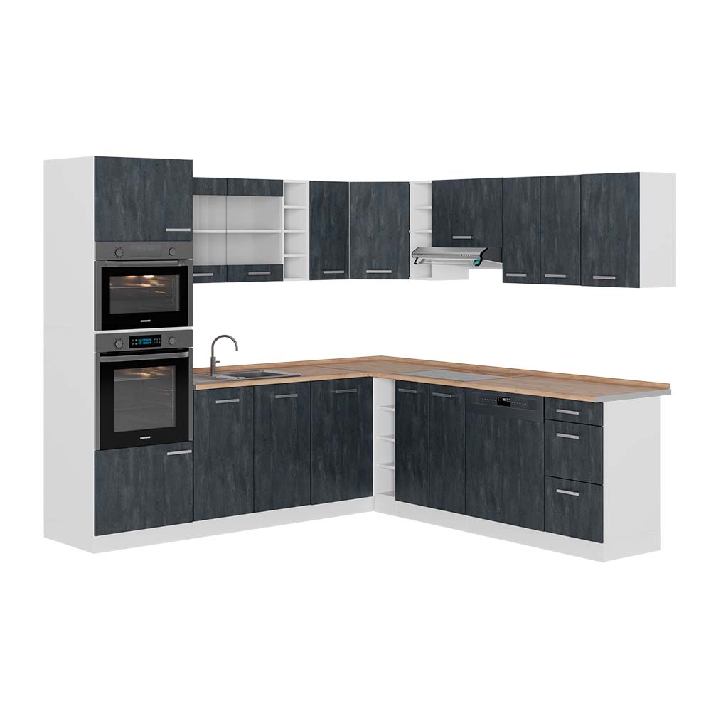Vicco Kuchnia narożna R-Line, Czarny beton/biały, 247 x 60 cm BP Dąb