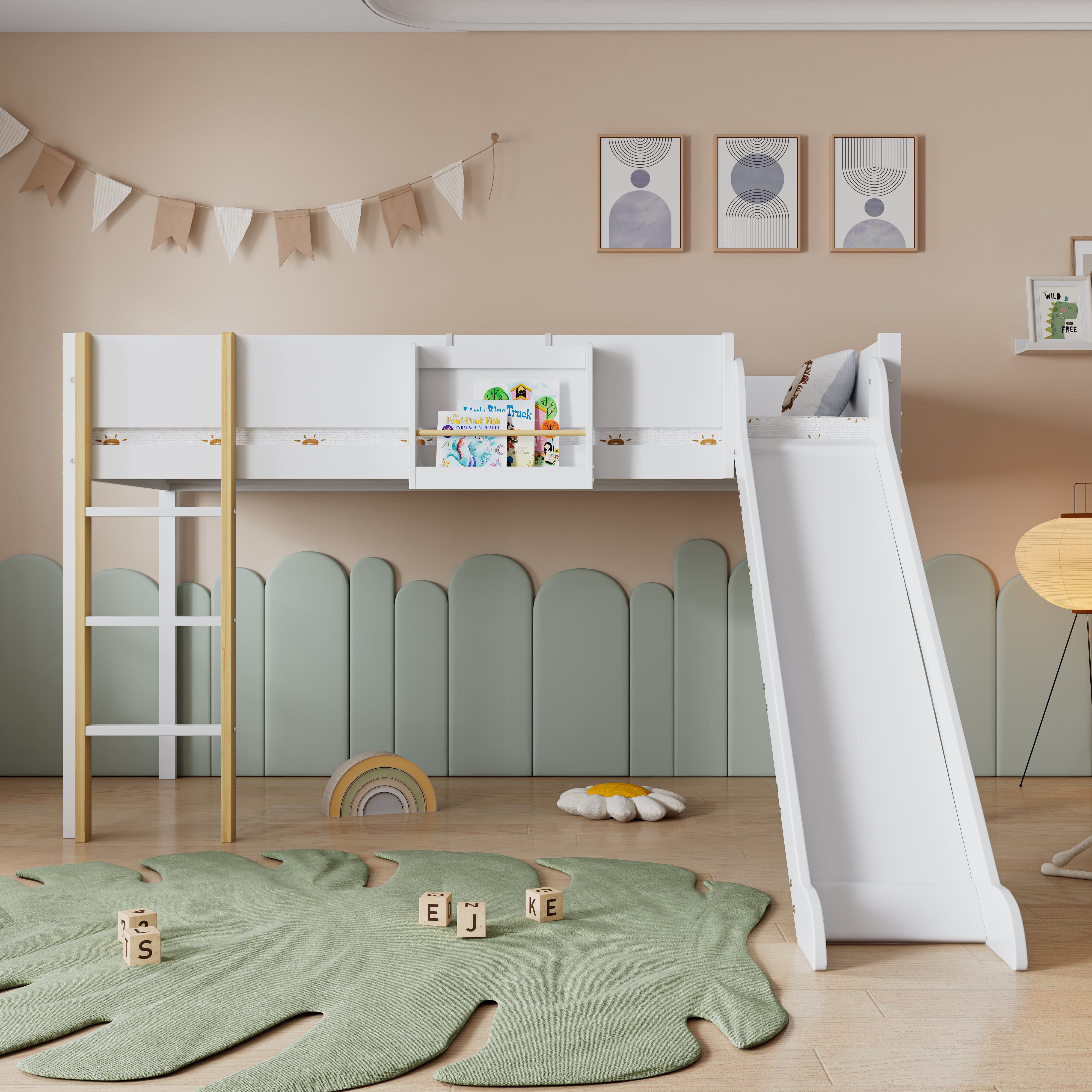 Letto a soppalco 90x200cm, letto a castello con scala dritta a tre gradini, letto per bambini, letto per ragazzi con scivolo, bianco+naturale - 2