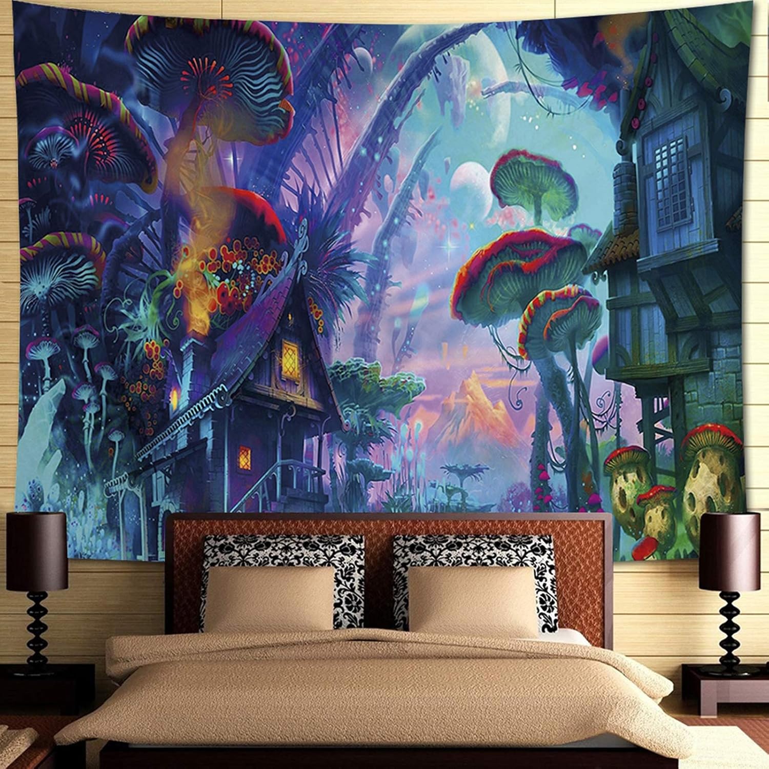 Gobelin Las i Grzyby (150 x 200 cm) do powieszenia na ścianie – dekoracja ścienna do sypialni