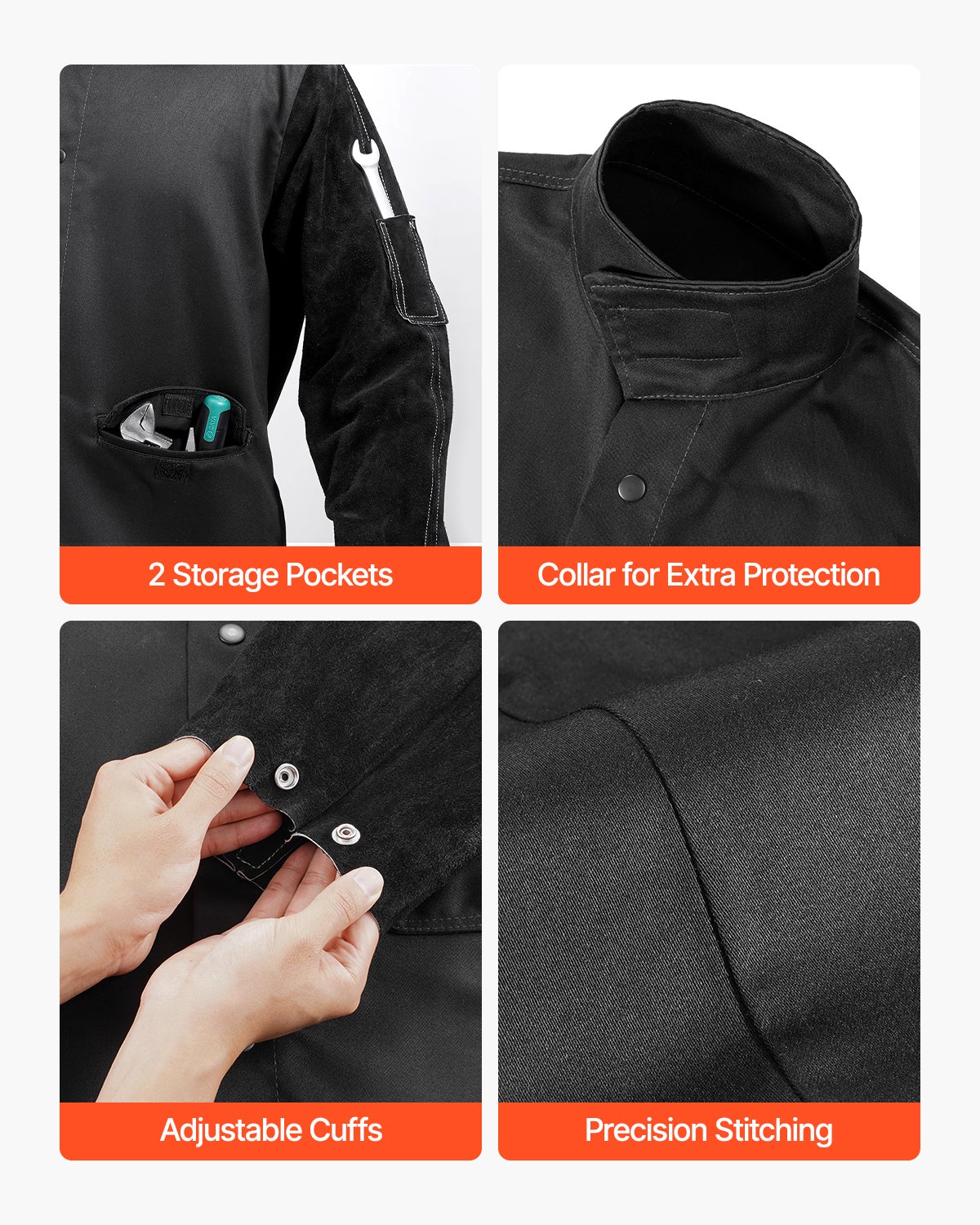 Veste soudage ignifuge,VEVOR XL,cuir vachette fendu corps coton FR 9 oz,résistante chaleur,boutons-pression,idéale pour soudeurs installateurs - 5