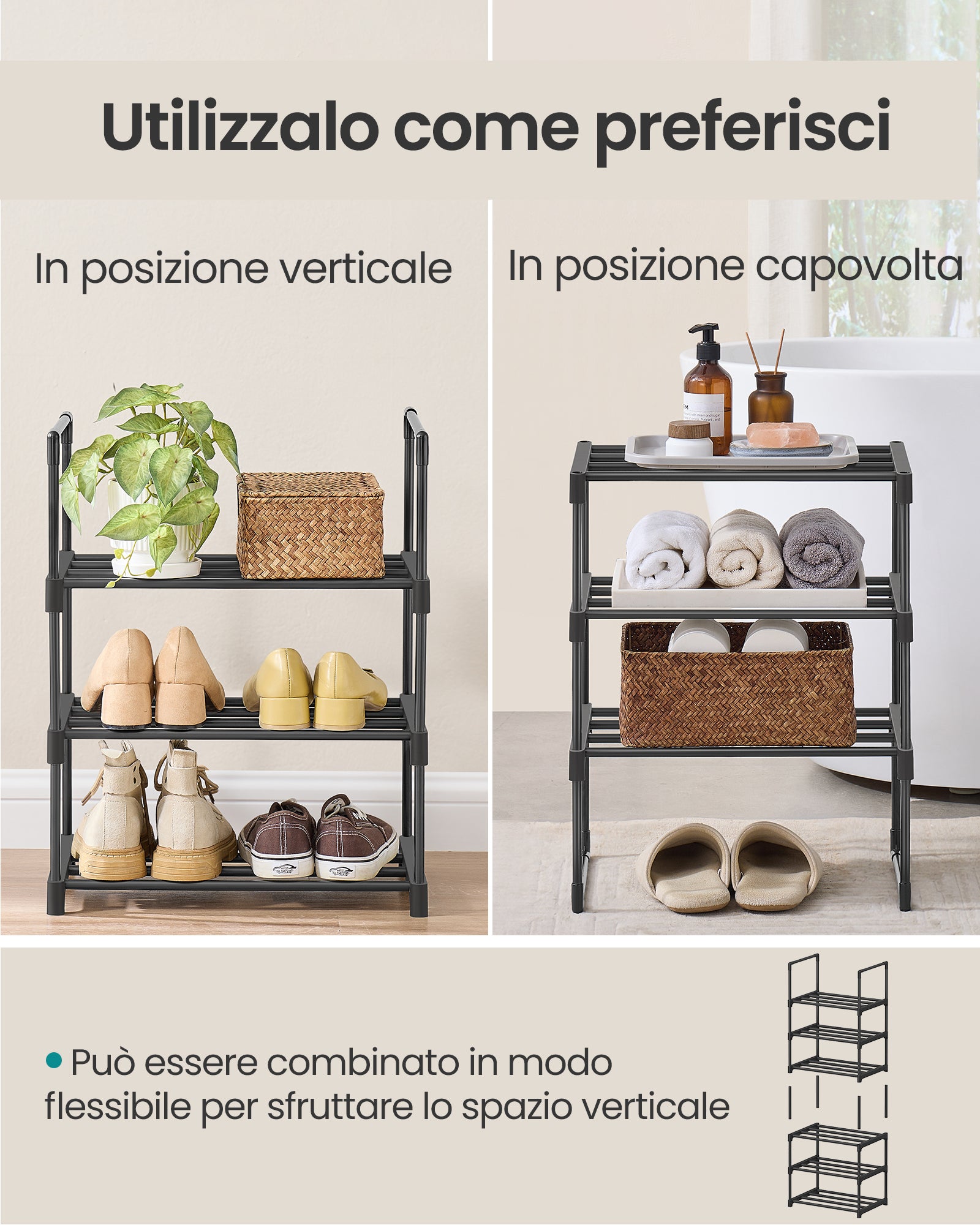 Scarpiera a 3 Ripiani, Scaffale Portascarpe in Metallo, per 4-8 Paia, Impilabile, 30 x 42,5 x 54,5 cm, Nero - 4