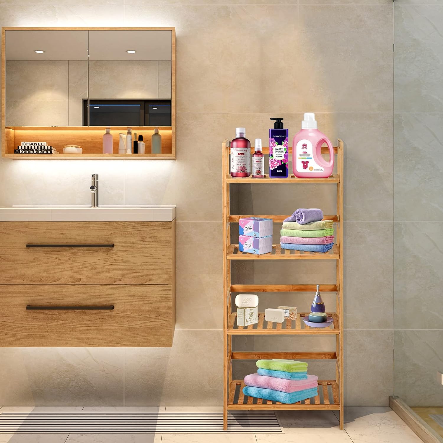 Étagère de Rangement à 4 Niveaux, Bibliothèque Rustique à Structure Solide en Bambou, Support de Plantes Multifonctionnel pour Séjour, Bureau - 8