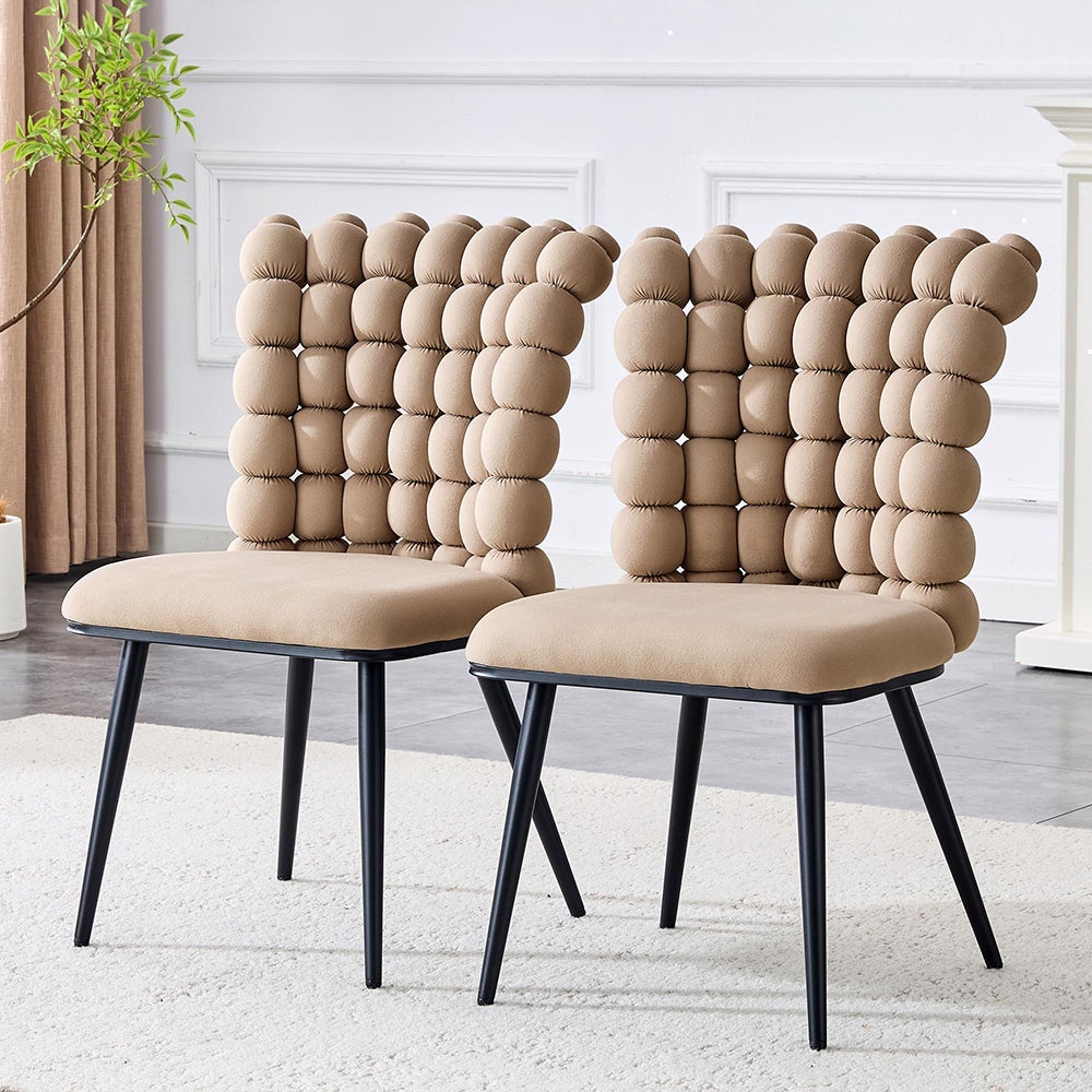 Krzesła do jadalni z welurowymi kulkami (zestaw 2 szt.) – nogi z metalu pomalowanego na czarno + stabilna podstawa, kolor camelowy