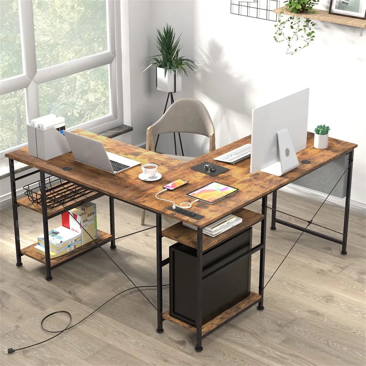 CubiCubi Bureau Angle En L 100cm Blanc - Petit Bureau Avec Étagères Et Rangement Pour Maison
