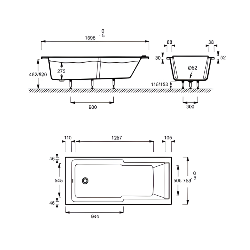 Baignoire bain douche JACOB DELAFON Struktura compacte Acrylique renforcé 170 x 75 - 3
