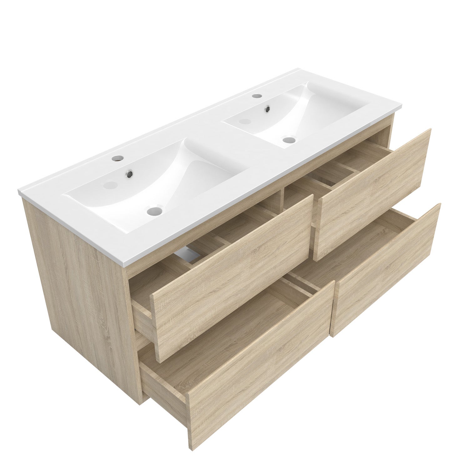 OCEAN 120(L)x46(P)x52(H)cm Meuble salle de bain naturel avec 4 tiroirs à une fermeture amortie avec deux vasques à suspendre - 3