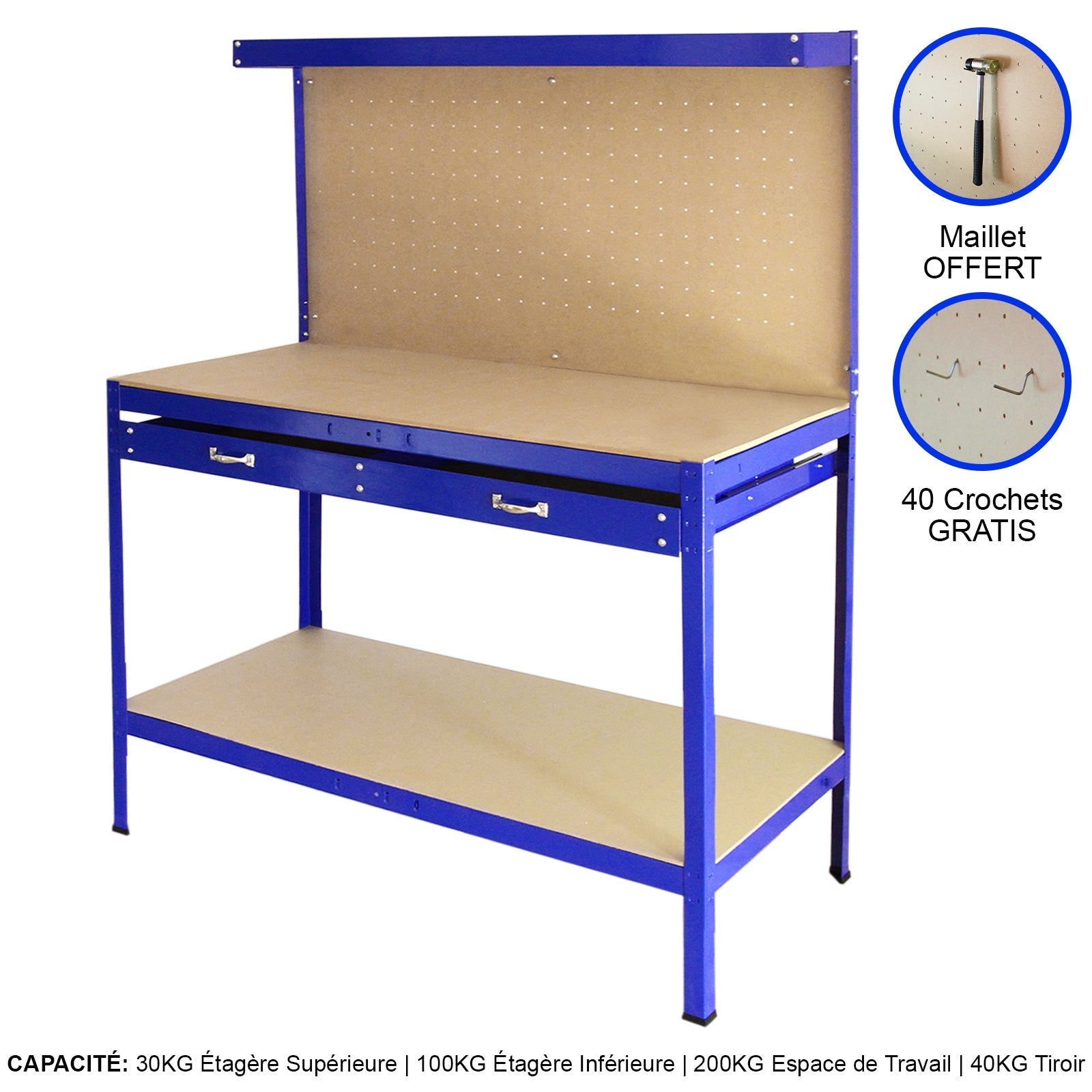 Établi de Travail en Acier Bleu Robuste & Panneau Perforé 120 x 60 cm Capacité de 370 kg Assemblage Facile Sans Boulons - 2